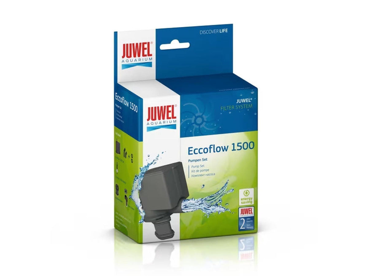 Juwel Eccoflow 1500 pumpehode i grå og svart, vist i en hvit og blå eske med grønn grafikk.