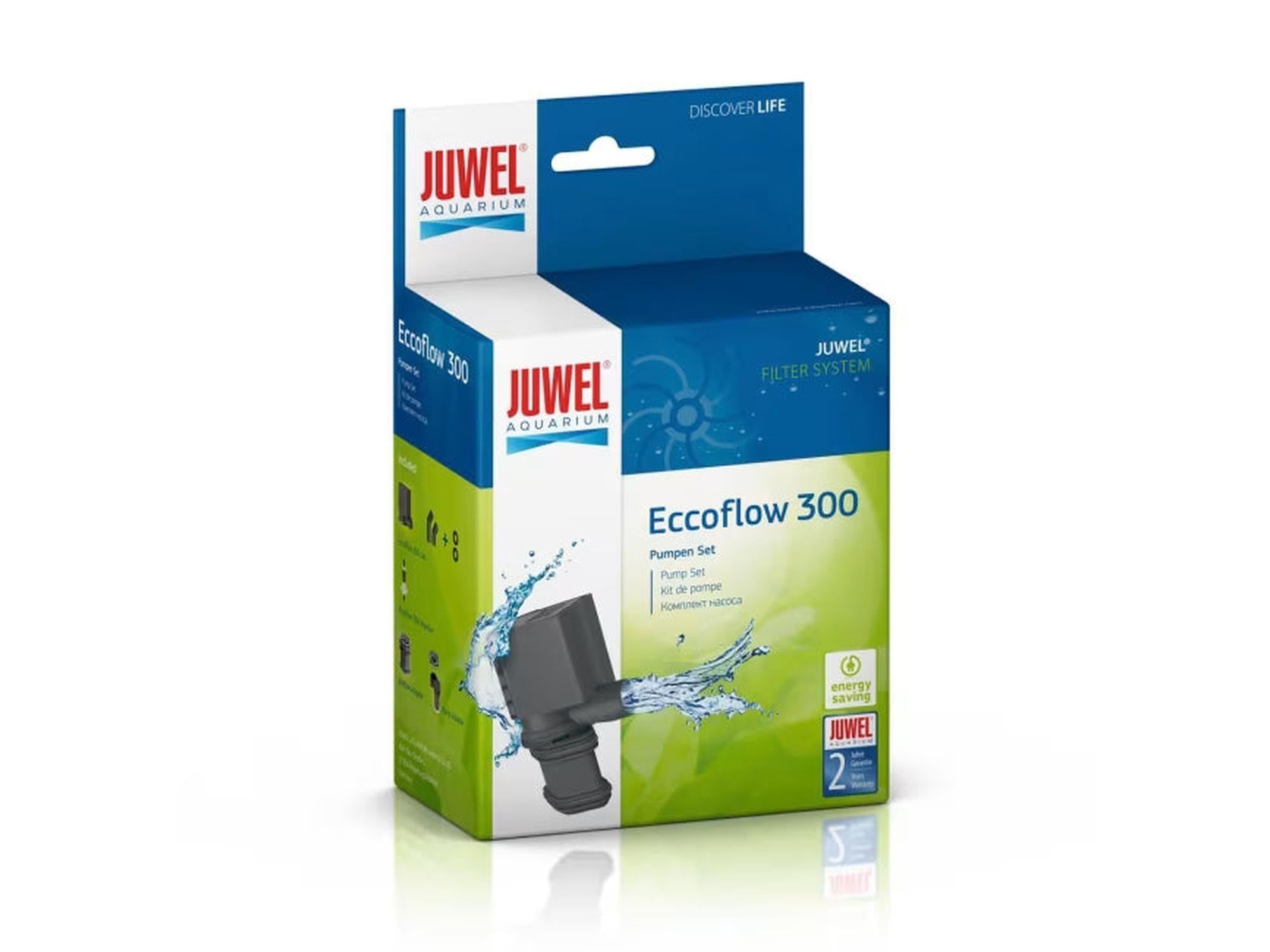 Juwel Eccoflow 300 pumpehode i blå og hvit eske med bilde av en svart pumpe og vannsprut.