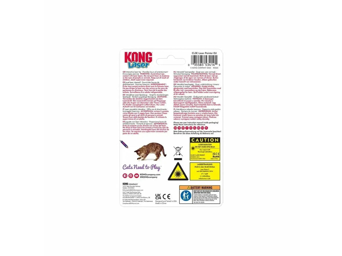 KONG Cat Laser Pointer i rød og hvit emballasje med bilde av en katt som leker.
