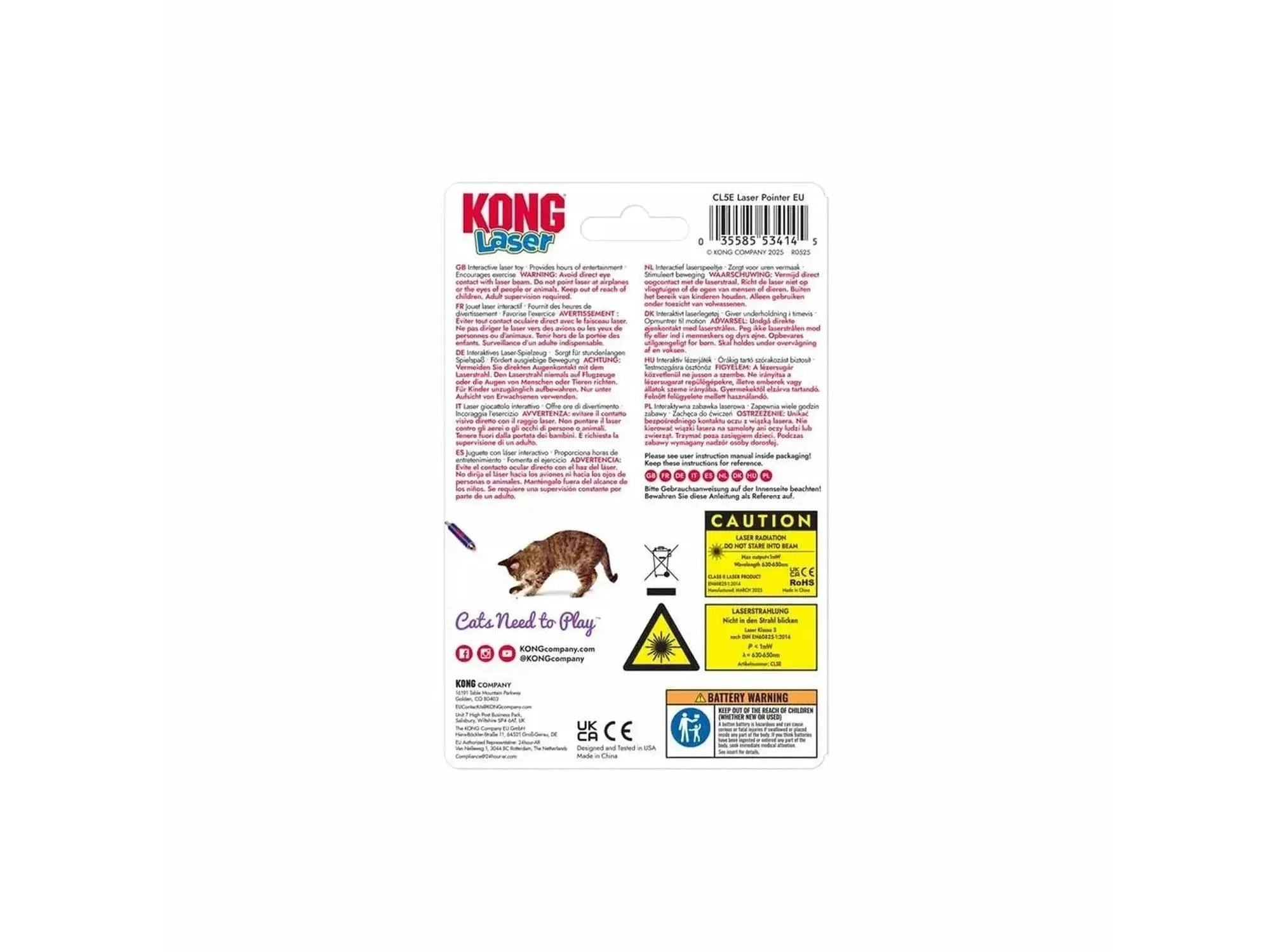 KONG Cat Laser Pointer i rød og hvit emballasje med bilde av en katt som leker.