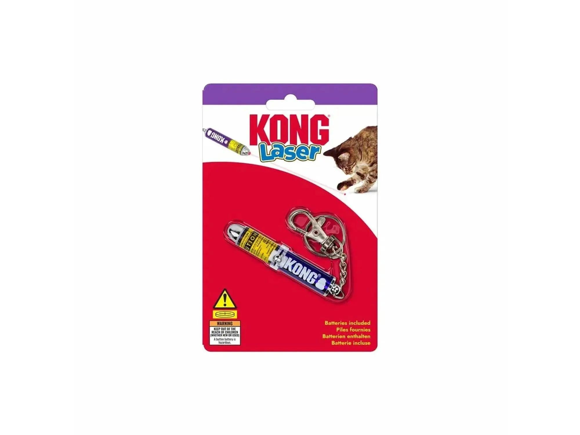 KONG Cat Laser Pointer i blått og gult, med nøkkelring, i emballasje med kattemotiv.