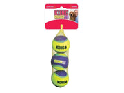 KONG Crunch Air Ball hundeleke, 3 stk gule og lilla tennisball-lignende baller i nett.