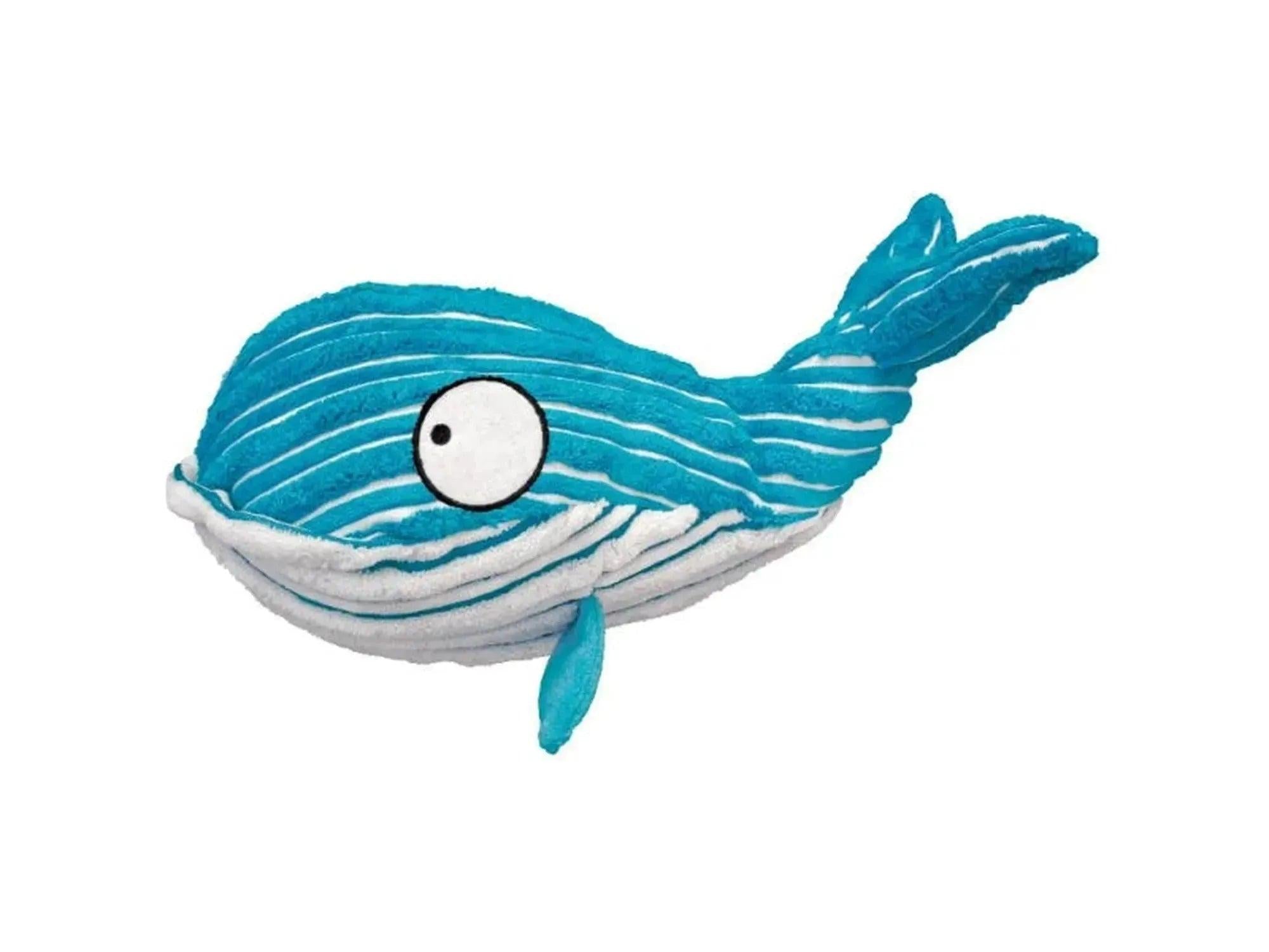 KONG Cuteseas Whale hundeleke, stor, blå og hvit stripete plysjhval med store øyne.