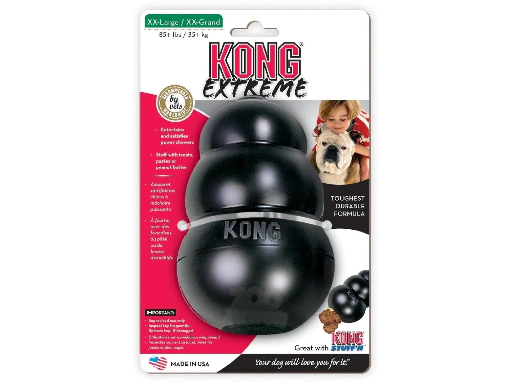 Svart KONG Extreme hundeleke i robust gummi for kraftige tyggere, i emballasje.