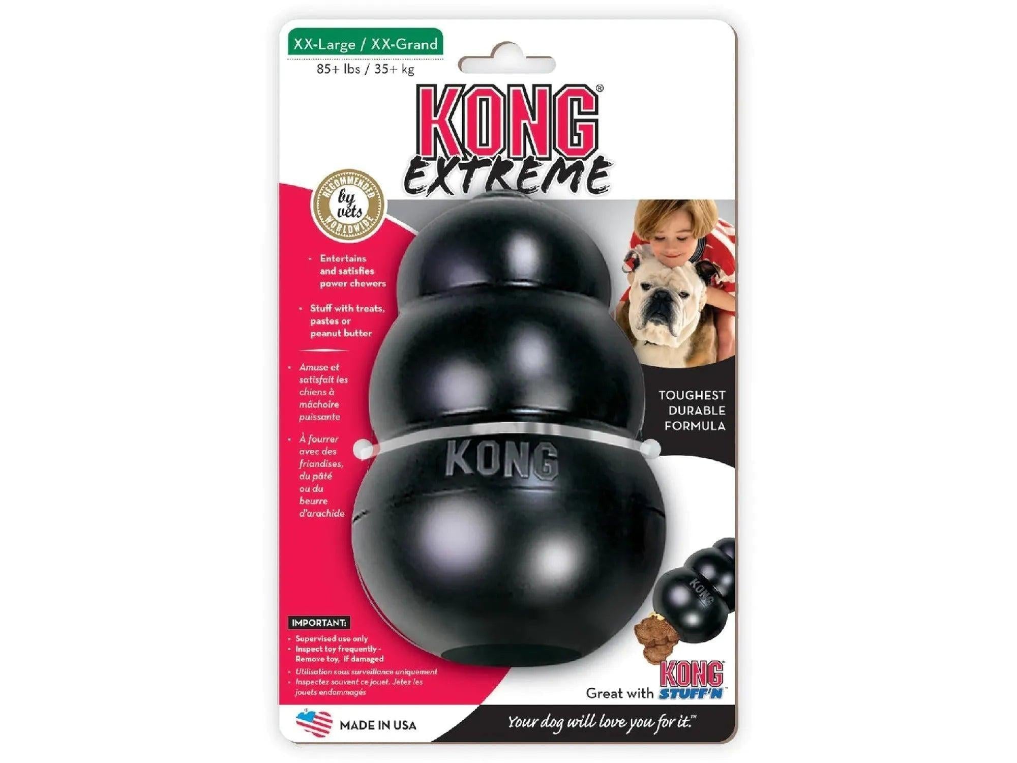 Svart KONG Extreme hundeleke i robust gummi for kraftige tyggere, i emballasje.