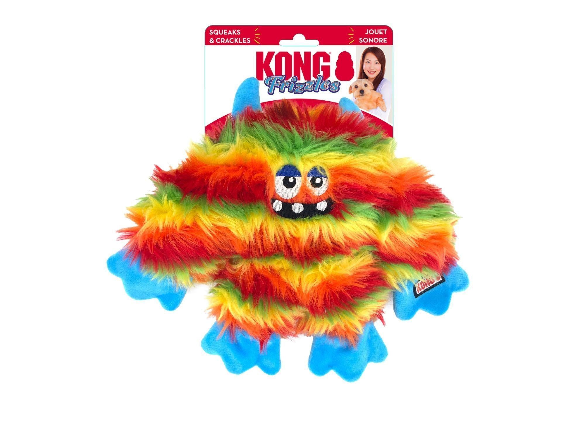 KONG Frizzles Zazzle M, fargerik plysj monsterhundeleke med squeaker og knitring.