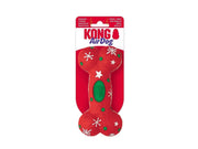 Rød KONG Holiday AirDog Squeaker Bone hundeleke med hvite snøkrystaller og grønne prikker.