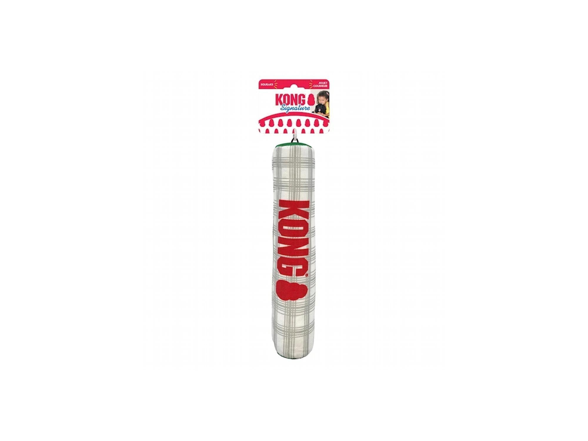 KONG Holiday Signature Stick Medium, myk draleke med hvitt og grått rutemønster, rød KONG-logo.