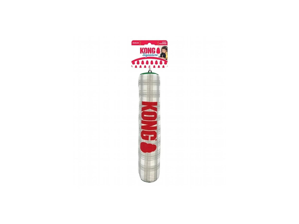 KONG Holiday Signature Stick Medium, myk draleke med hvitt og grått rutemønster, rød KONG-logo.