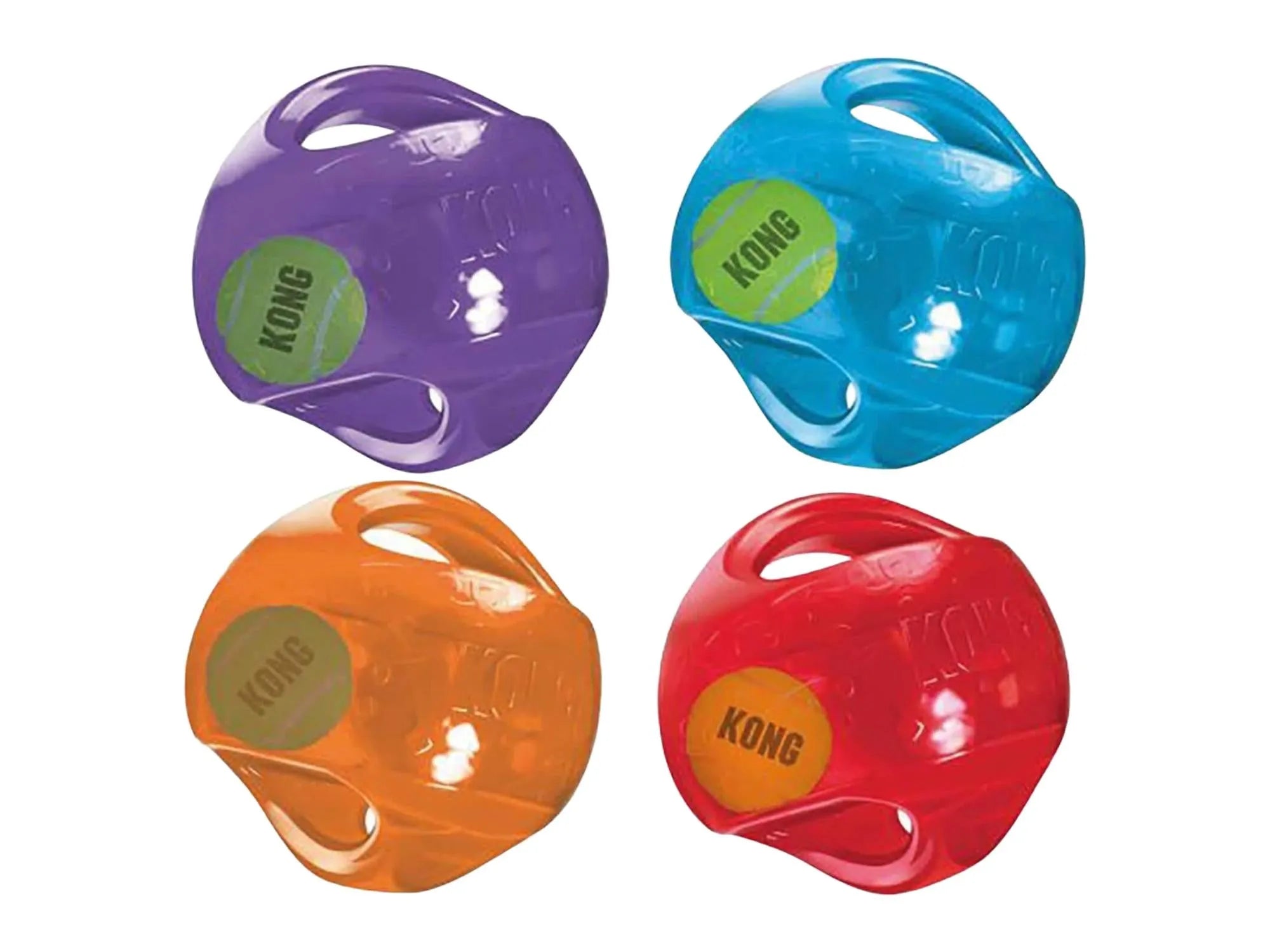 Fire KONG Jumbler Ball L/XL hundeleker i lilla, blå, oransje og rød, med integrerte håndtak og tennisball-design.