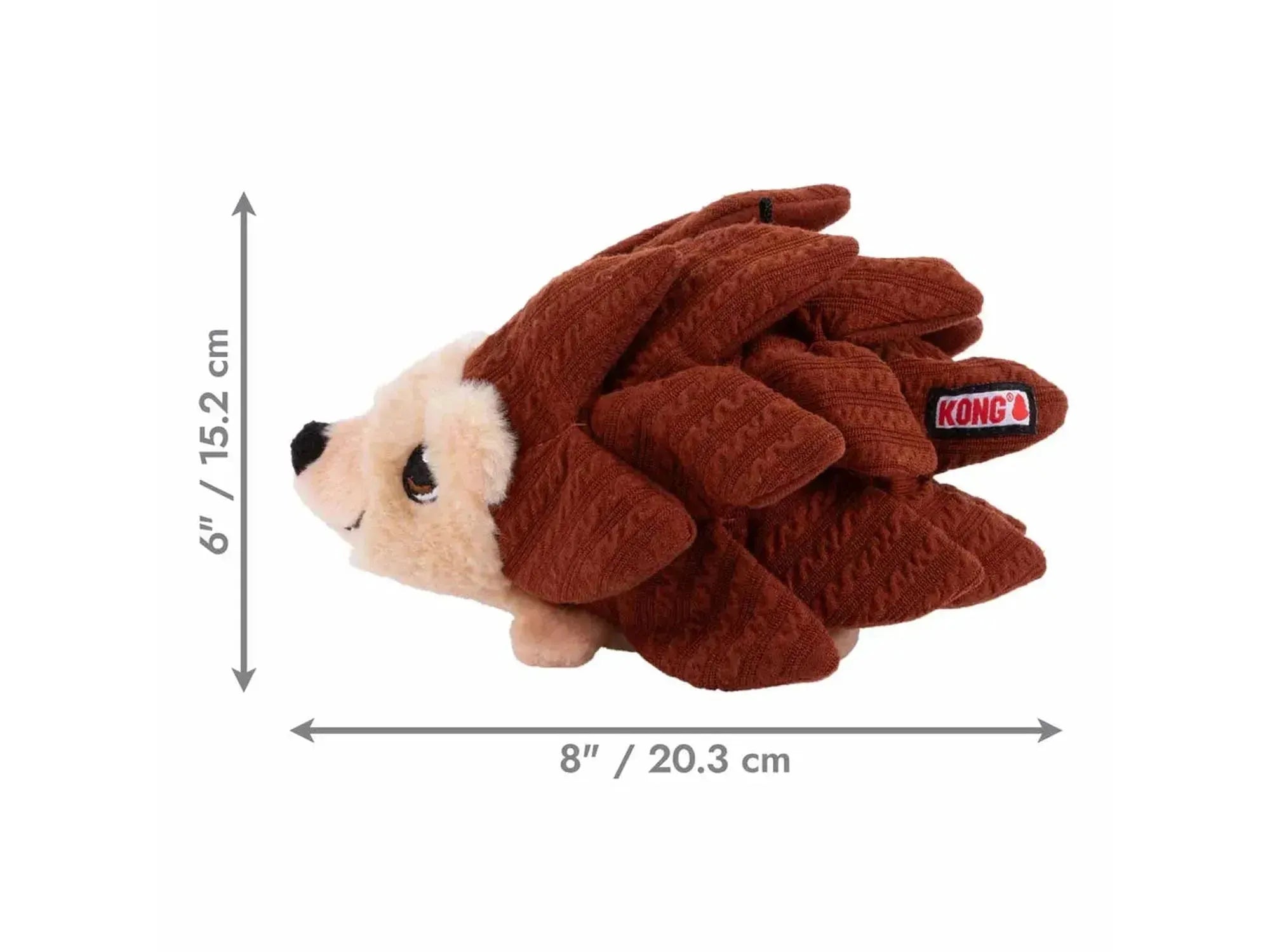 KONG Layerz Forage Hedgehog snuseleke i brun og beige plysj med godbitlommer, 20.3 cm lang.