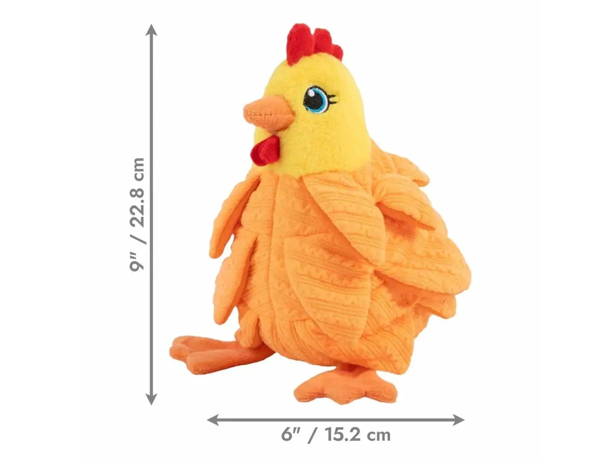KONG Layerz Forage Hen, en gul og oransje plysj snuseleke med godbitlommer, 23 cm høy.