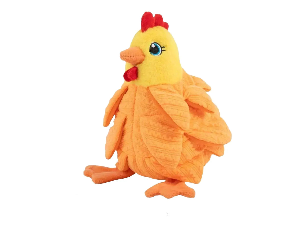 KONG Layerz Forage Hen, en gul og oransje plysj snuseleke med godbitlommer, 23 cm høy.
