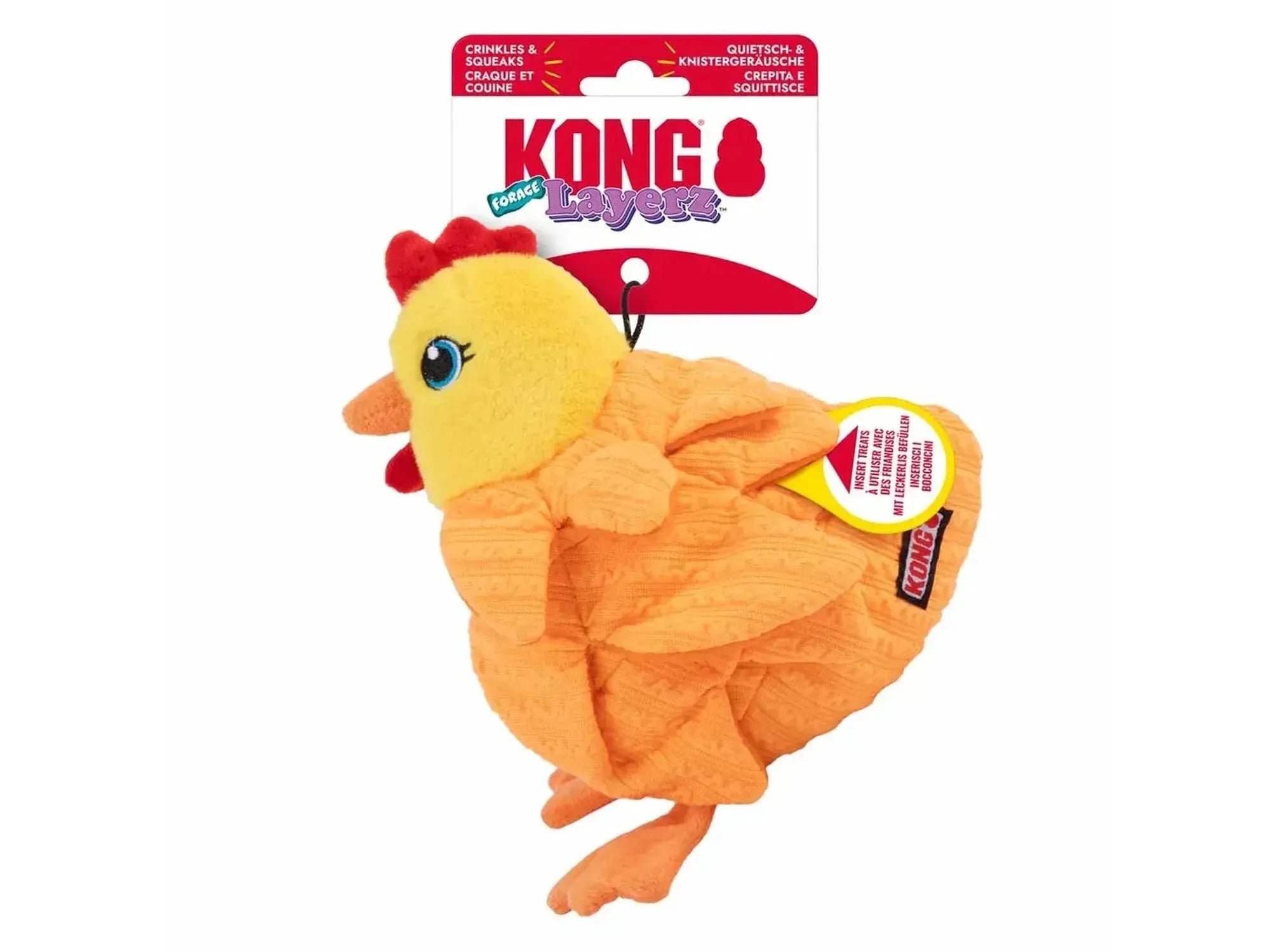 KONG Layerz Forage Hen, en myk, oransje plysjhøne med rødt kam og godbitlommer.