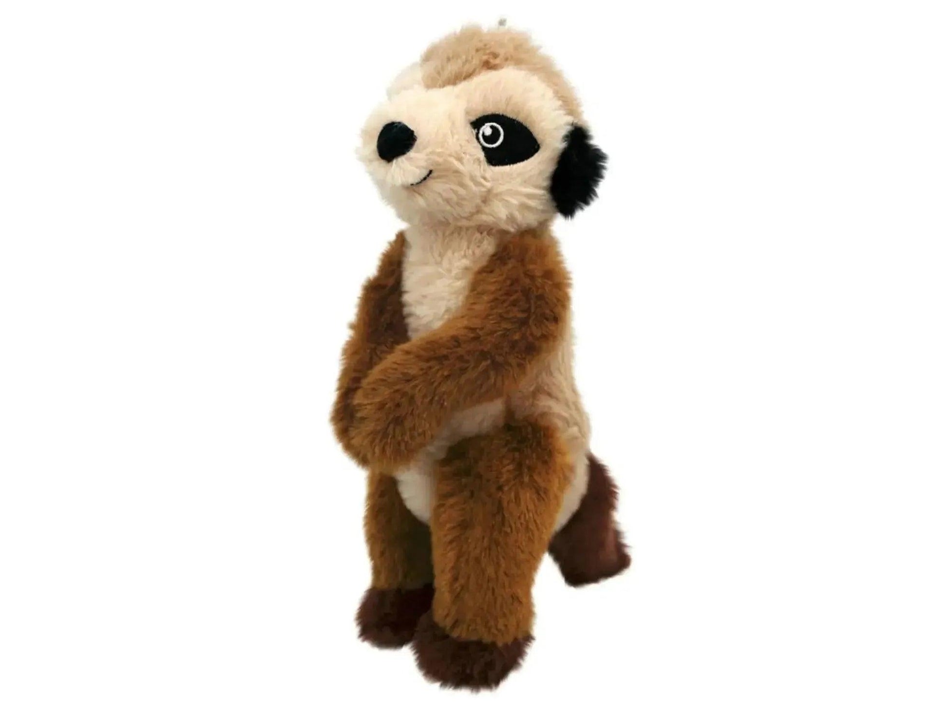 KONG Shakers Passports Meerkat, en myk, brun og beige plysj hundeleke med svarte øyne og ører.