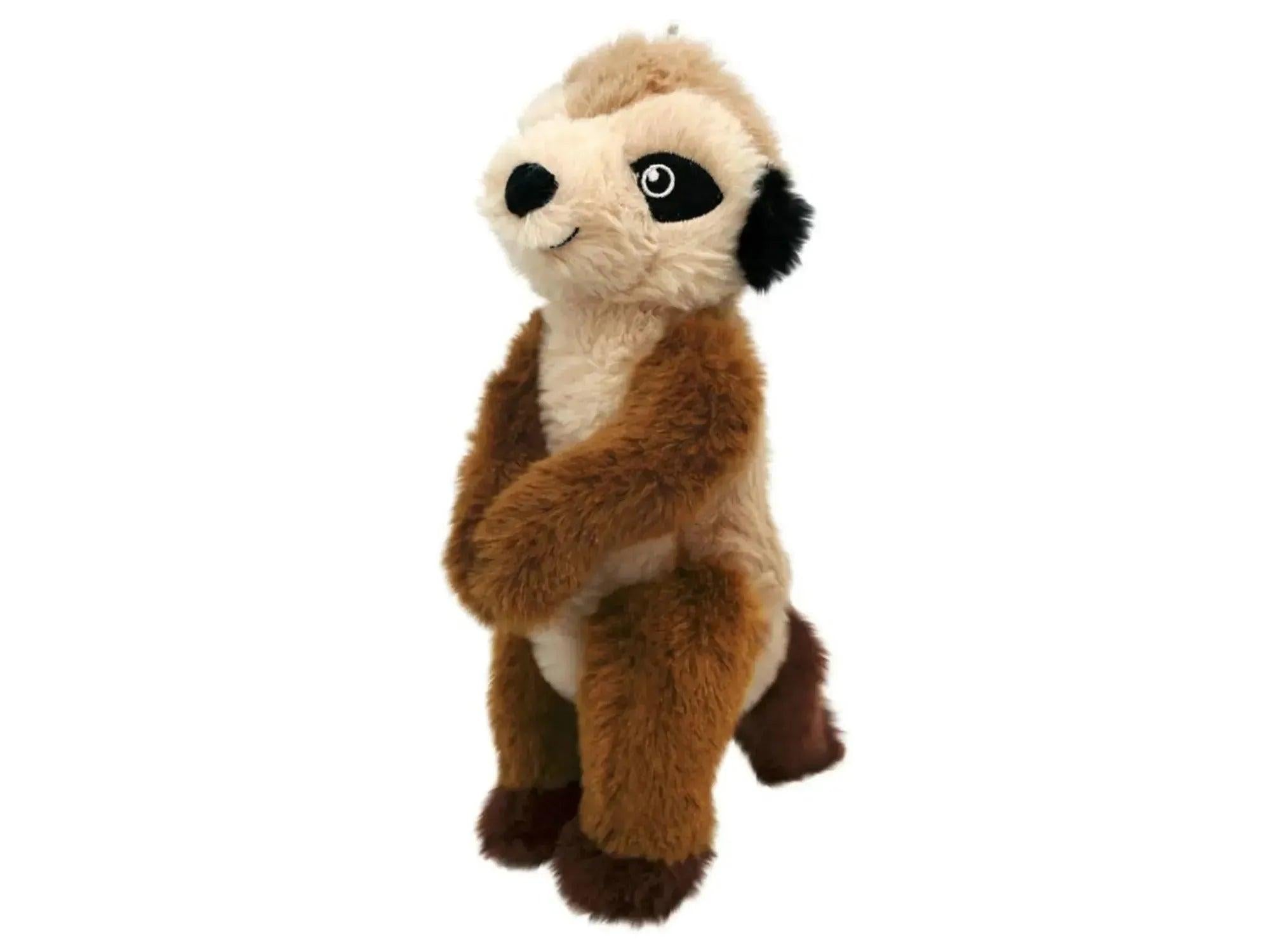 KONG Shakers Passports Meerkat, en myk, brun og beige plysj hundeleke med svarte øyne og ører.