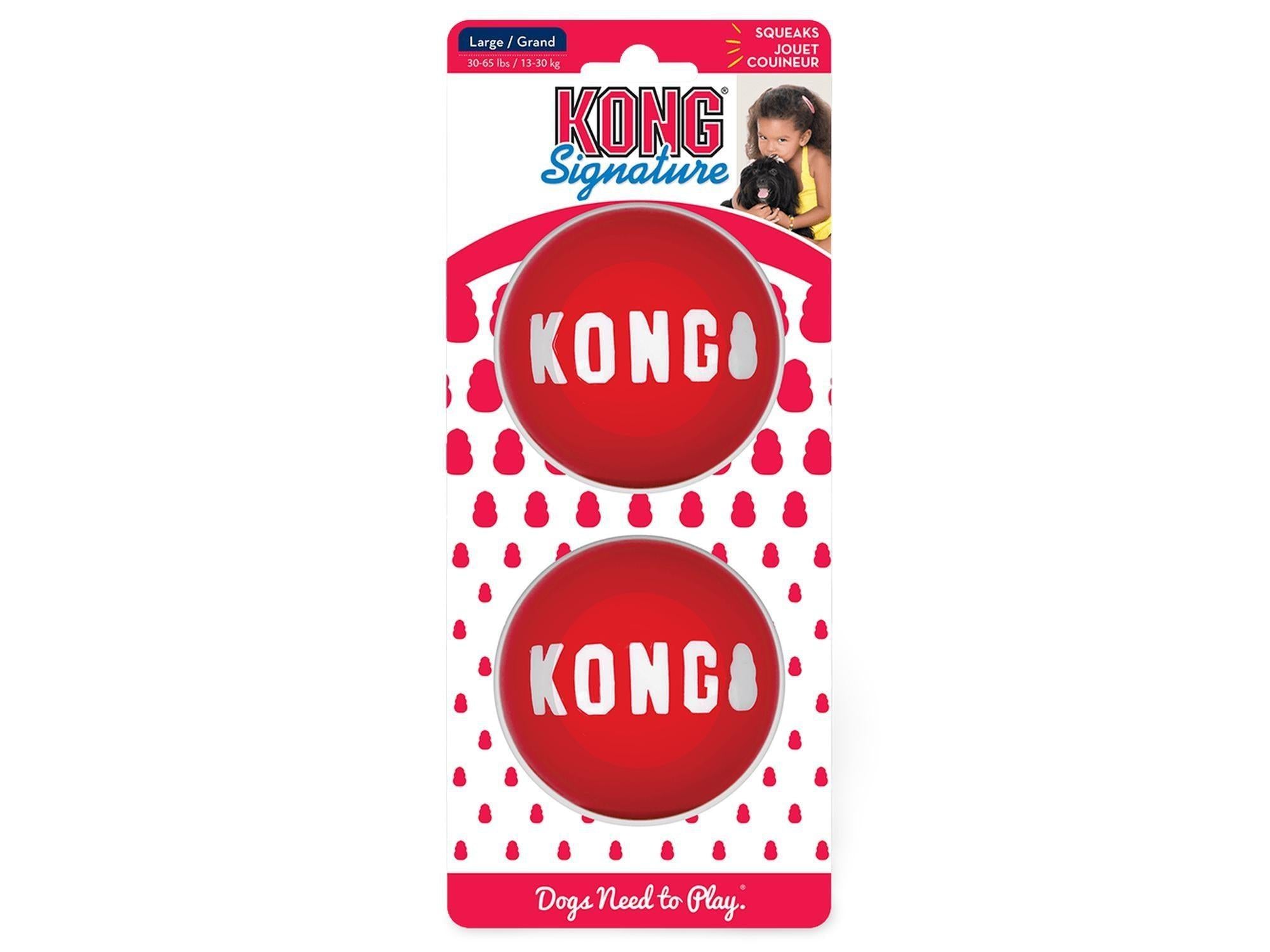 To røde KONG Signature baller i en 2-pakning med hvit logo, for apporteringslek.