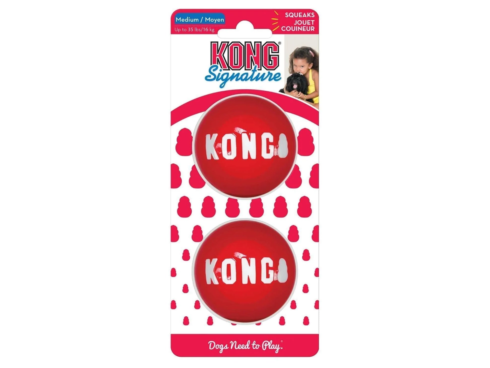 KONG Signature Balls 2pk: Røde, slitesterke gummiballer med KONG-logo, pakket for medium hunder.