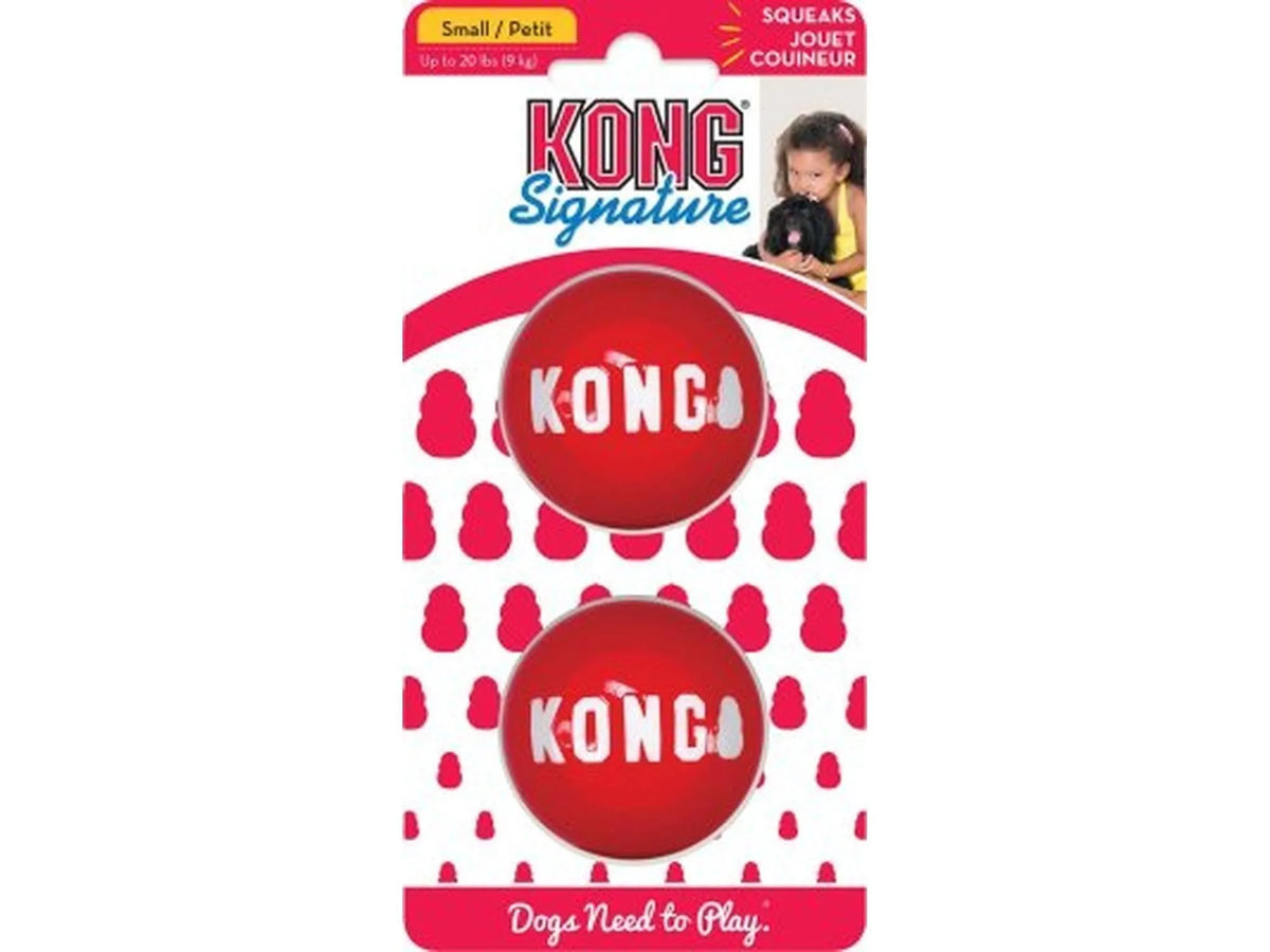To røde, slitesterke KONG Signature baller i en 2-pakning, for små hunder.