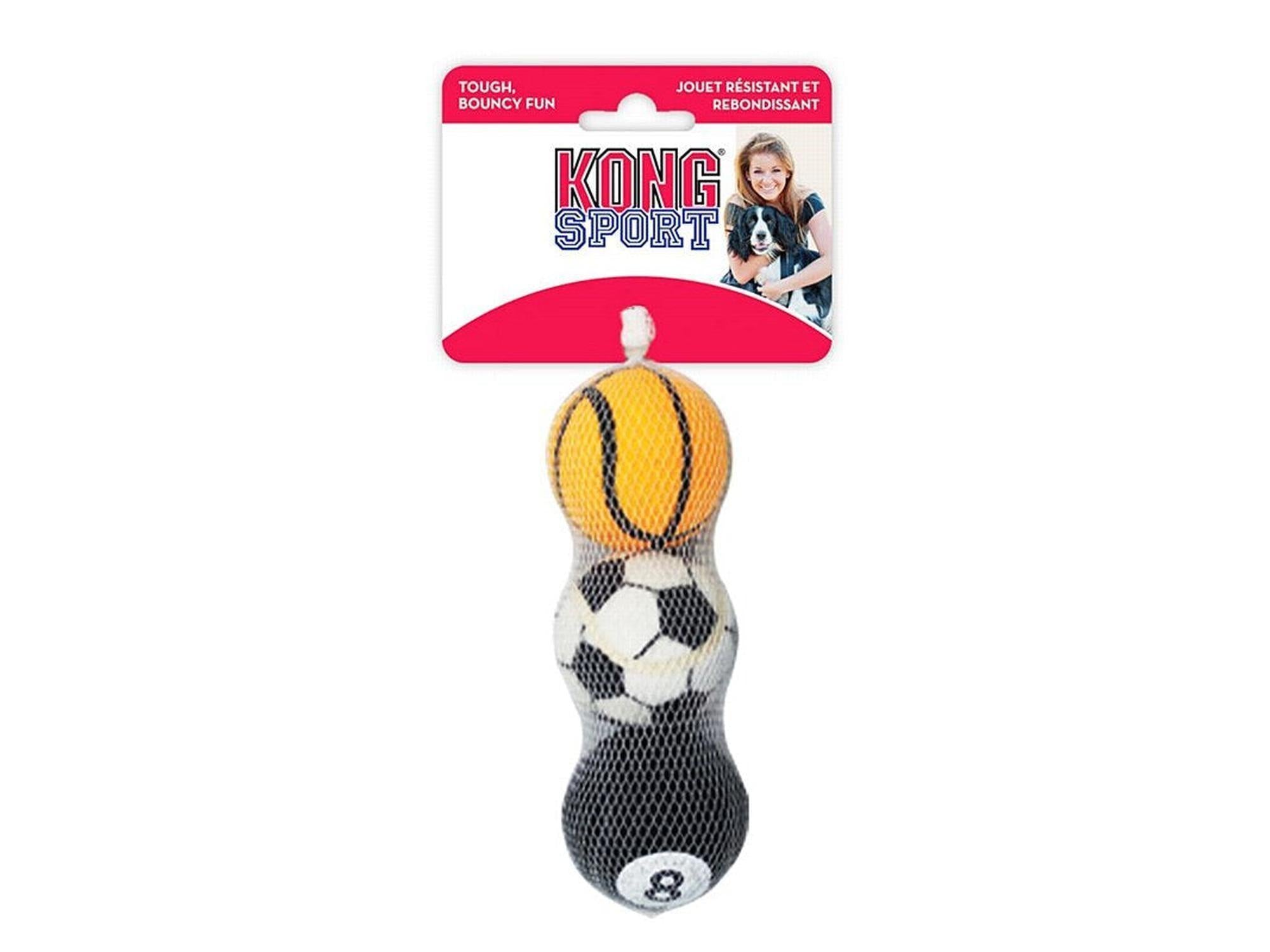 KONG Sport Balls medium 3-pack: yellow basketball, black/white soccer, and black 8-ball dog toys.