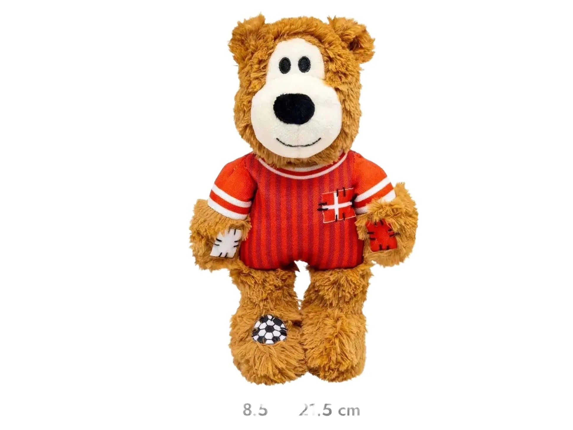 KONG Wild Knots Bear World Cup Denmark Limited Edition plysj hundeleke med tau, rød drakt og fotball.