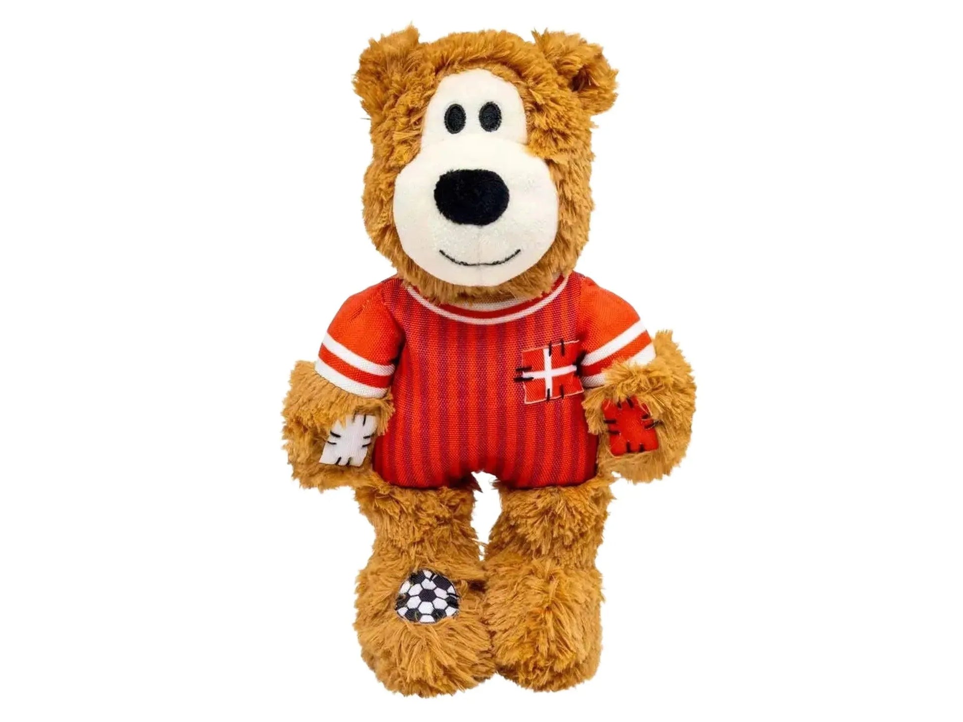 KONG Wild Knots Bear World Cup Denmark Limited Edition plysj hundeleke i rød fotballdrakt.