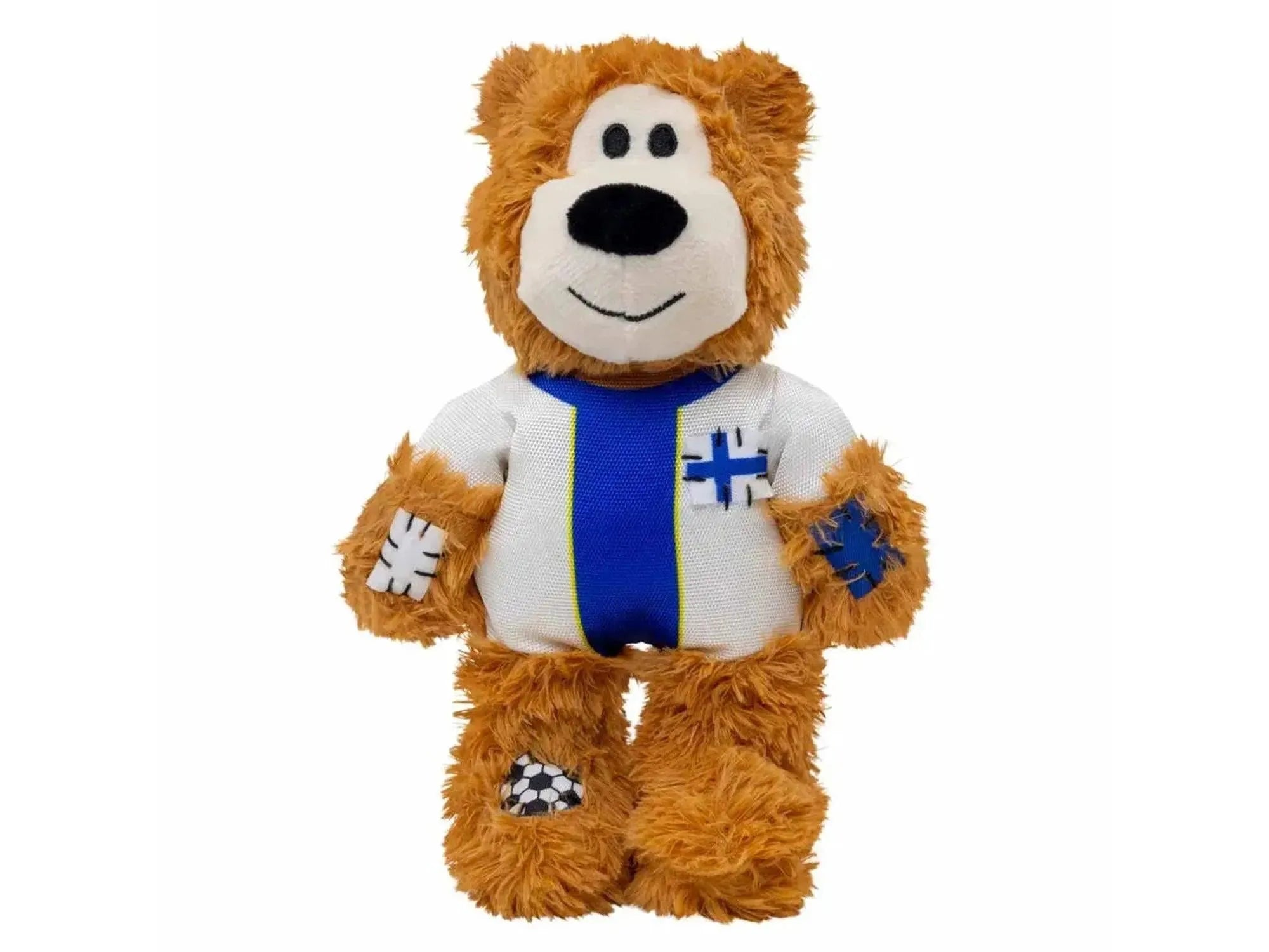 KONG Wild Knots Bear World Cup Finland Limited Edition hundeleke i brunt plysj med hvit og blå fotballdrakt.