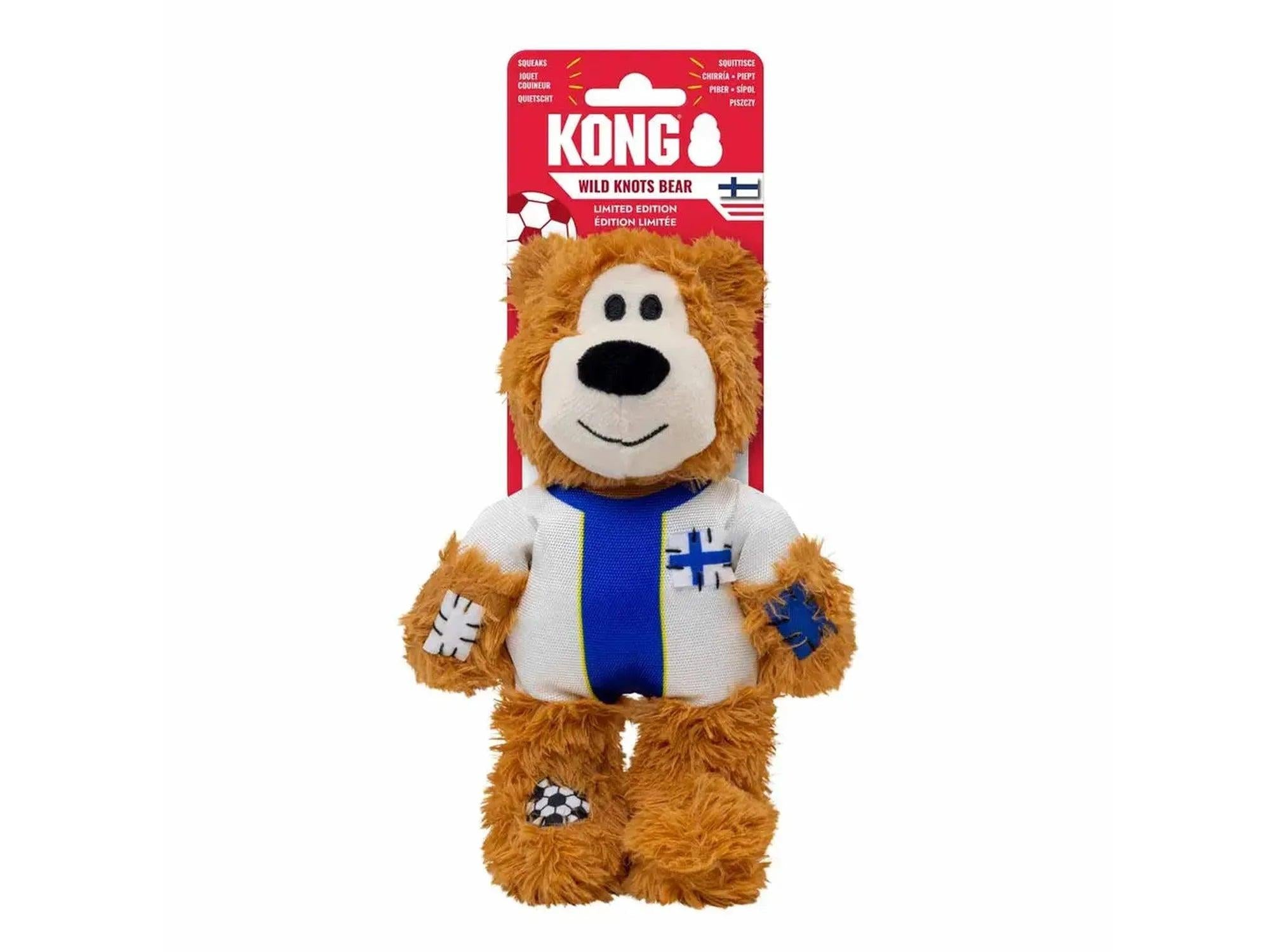 KONG Wild Knots Bear World Cup Finland Limited Edition plysj hundeleke i hvit og blå drakt.