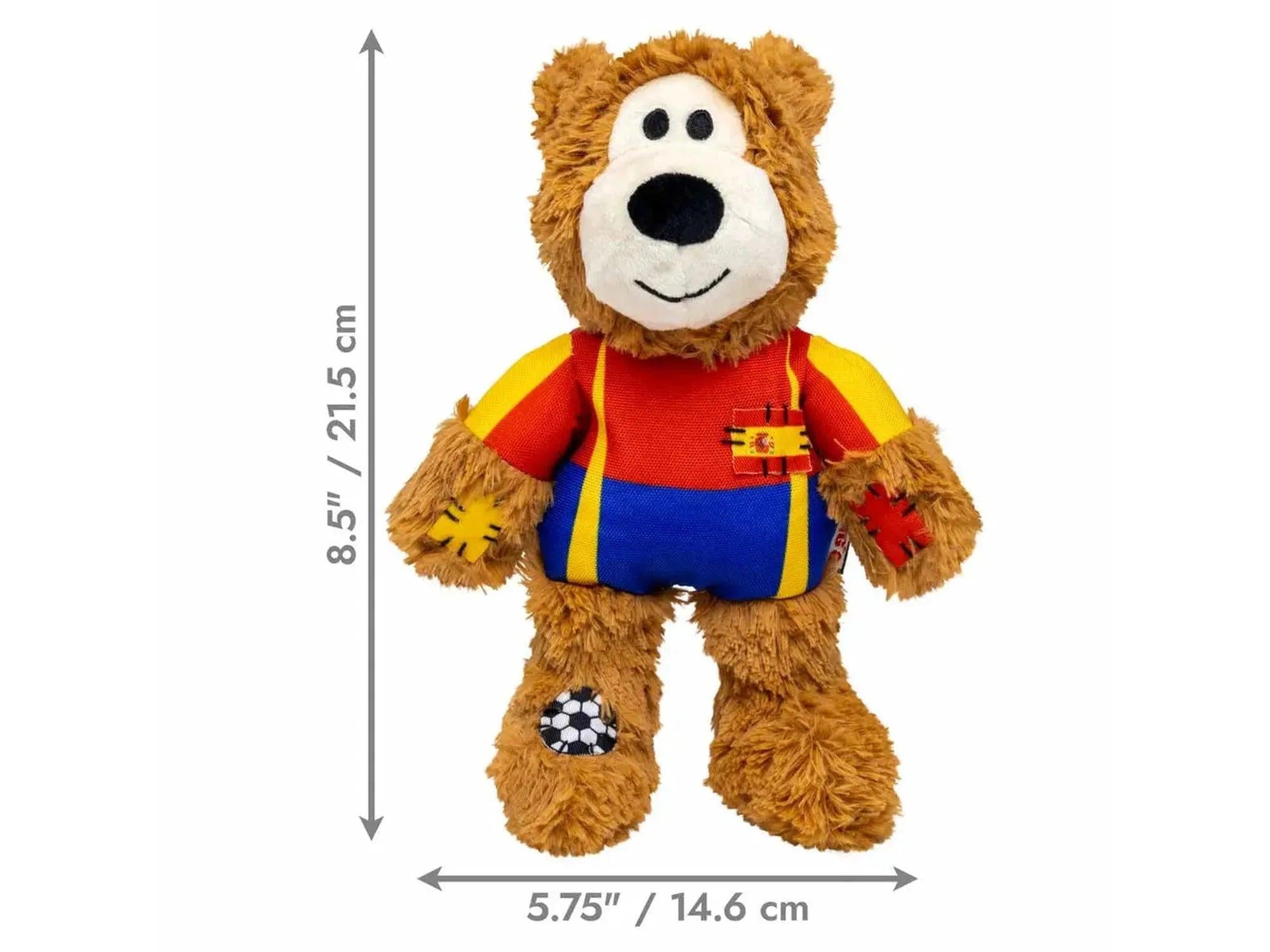 KONG Wild Knots Bear World Cup Spain Limited Edition plysj hundeleke, brun med rød, gul og blå drakt.