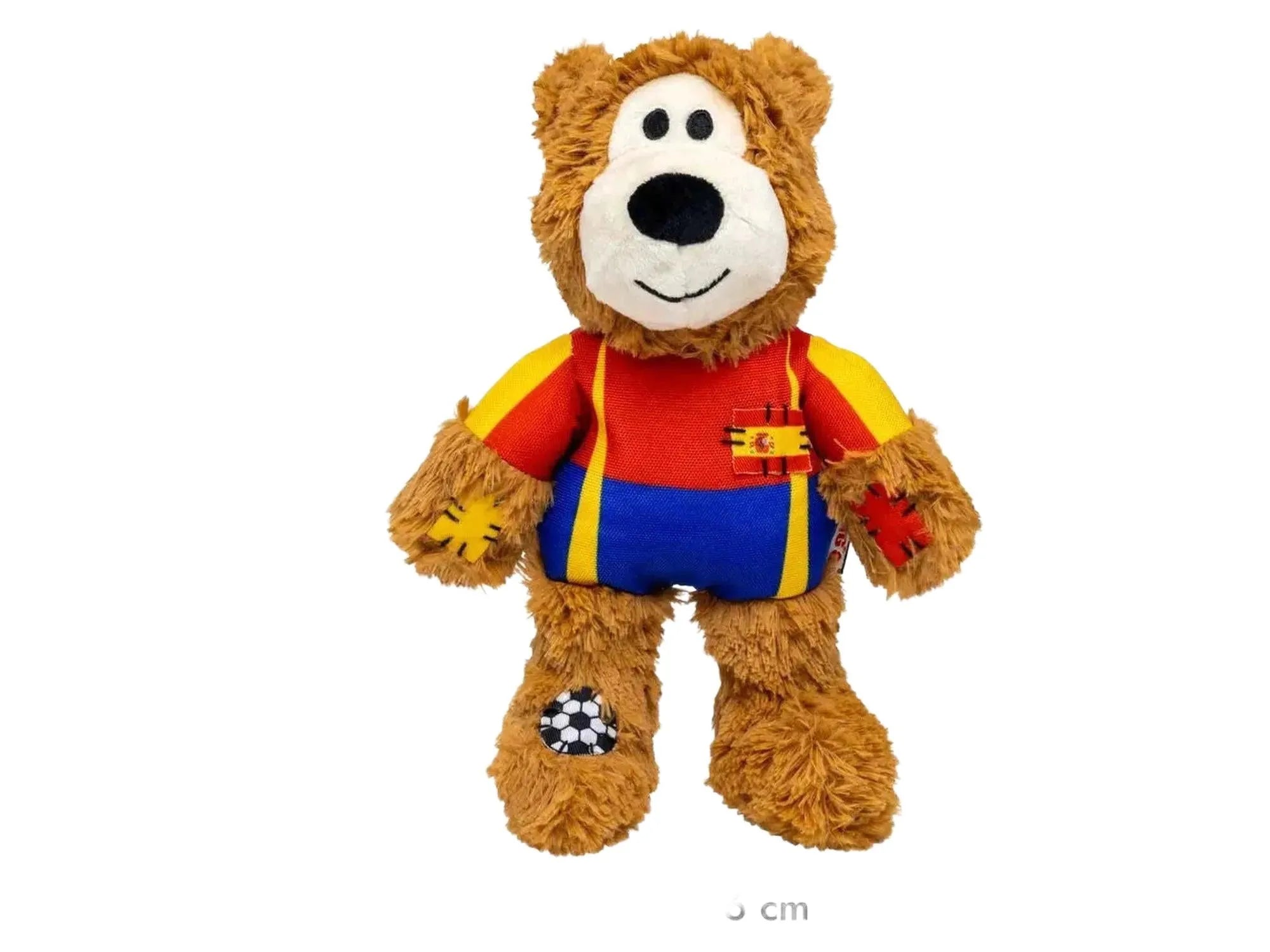KONG Wild Knots Bear World Cup Spain Limited Edition plysj hundeleke, brun med rød, gul og blå drakt.