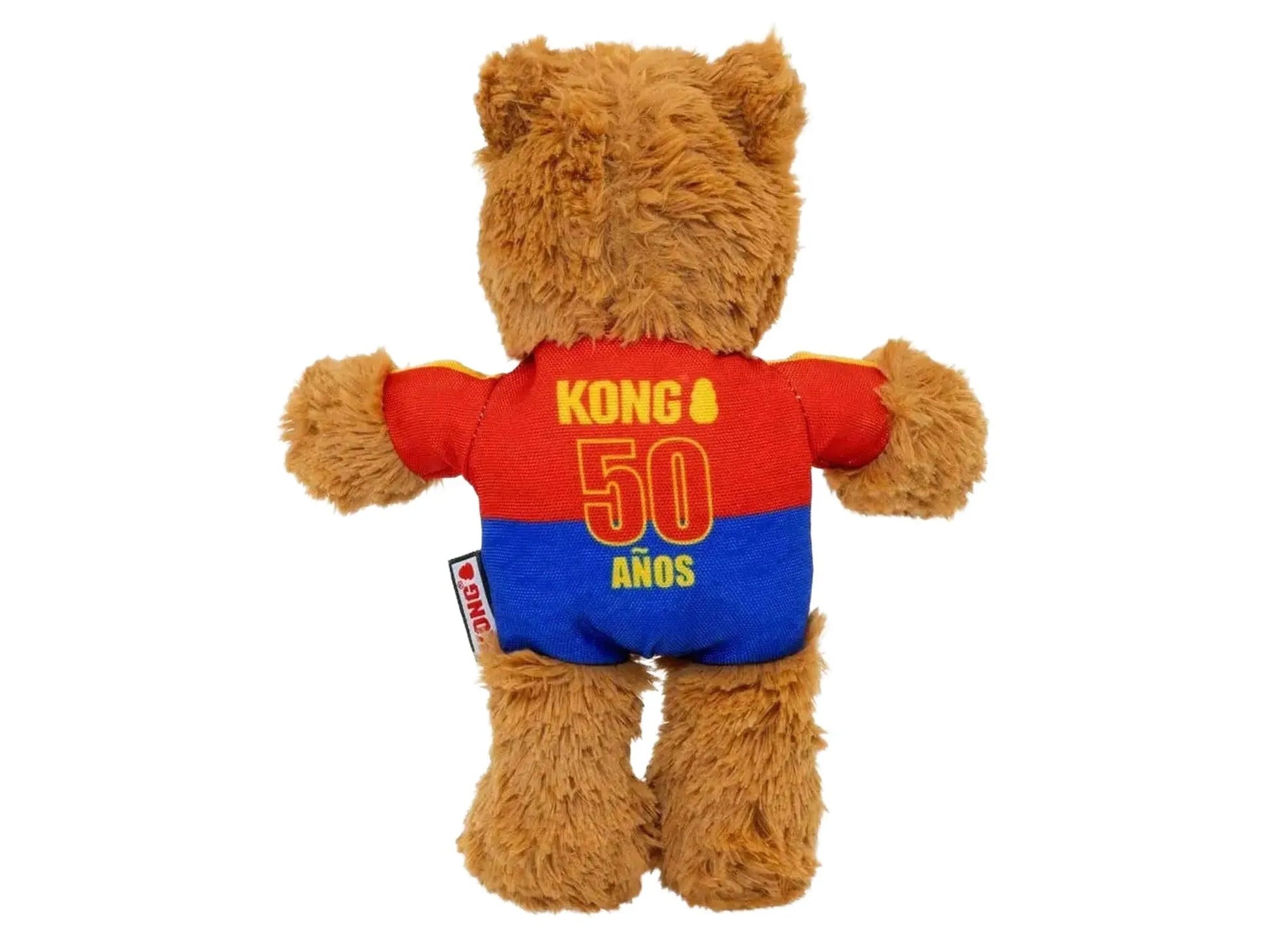 KONG Wild Knots Bear World Cup Spain Limited Edition hundeleke i brunt plysj med rød og blå drakt.
