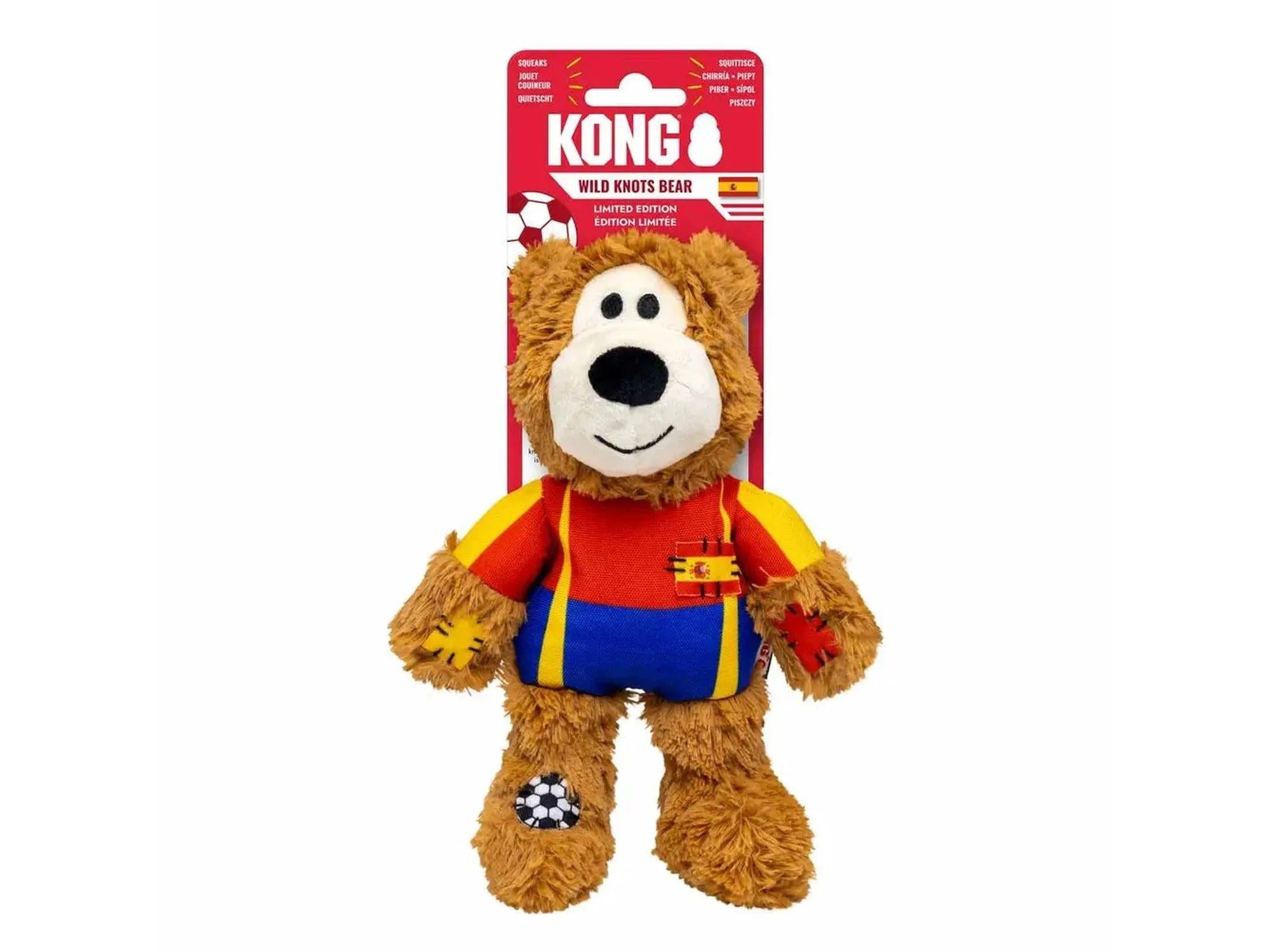 KONG Wild Knots Bear World Cup Spain Limited Edition plysj hundeleke med tau og pipelyd.