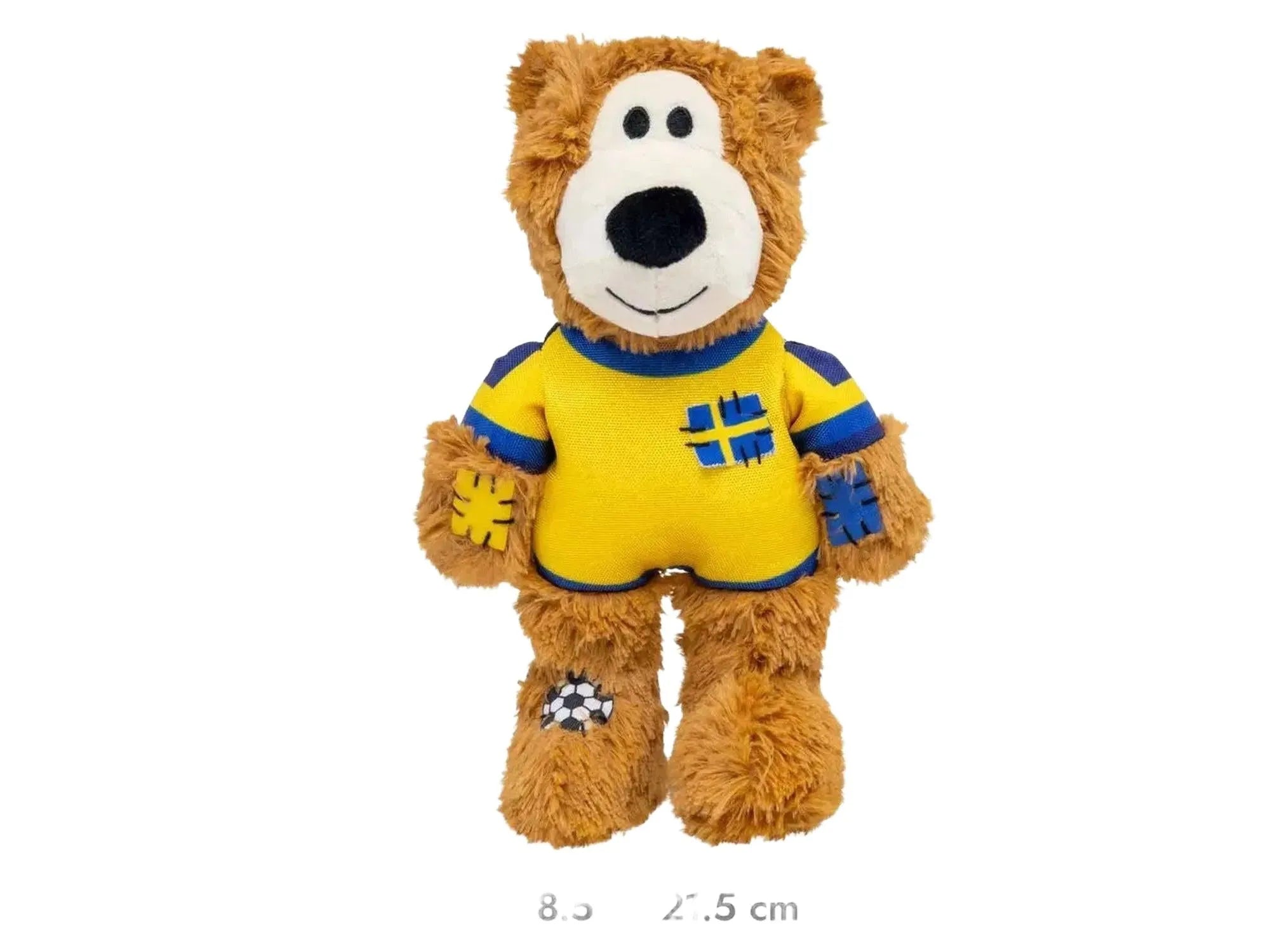 KONG Wild Knots Bear World Cup Sweden Limited Edition hundeleke, brun plysj med gul og blå drakt.