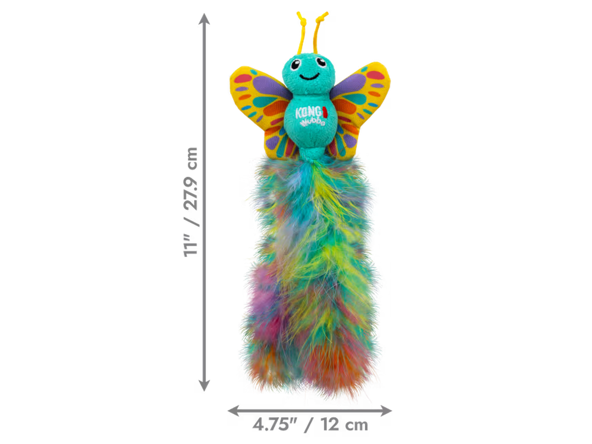 Fargerik KONG Wubba Butterfly katteleke med myk, plysj kropp, fjær og antenner.