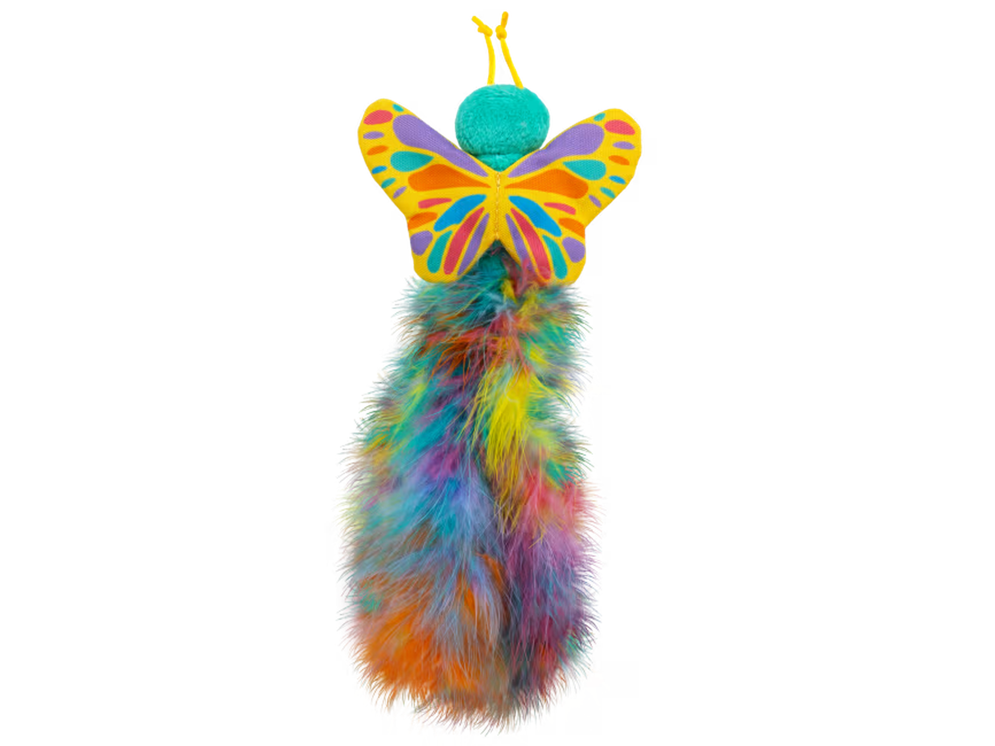 Fargerik KONG Wubba Butterfly katteleke med gule vinger, grønn kropp og fluffy fjærhale.