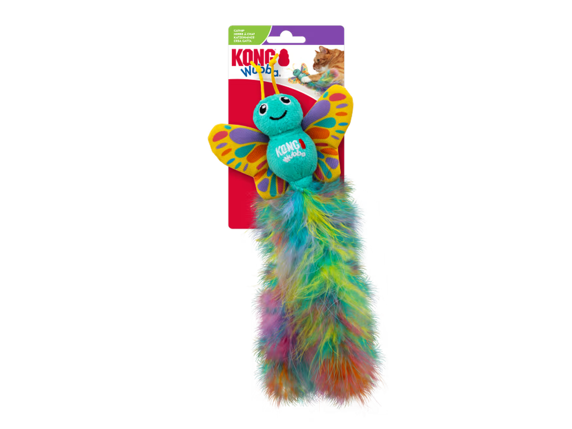 Fargerik KONG Wubba Butterfly katteleke med turkis kropp, mønstrede vinger og fluffy hale.