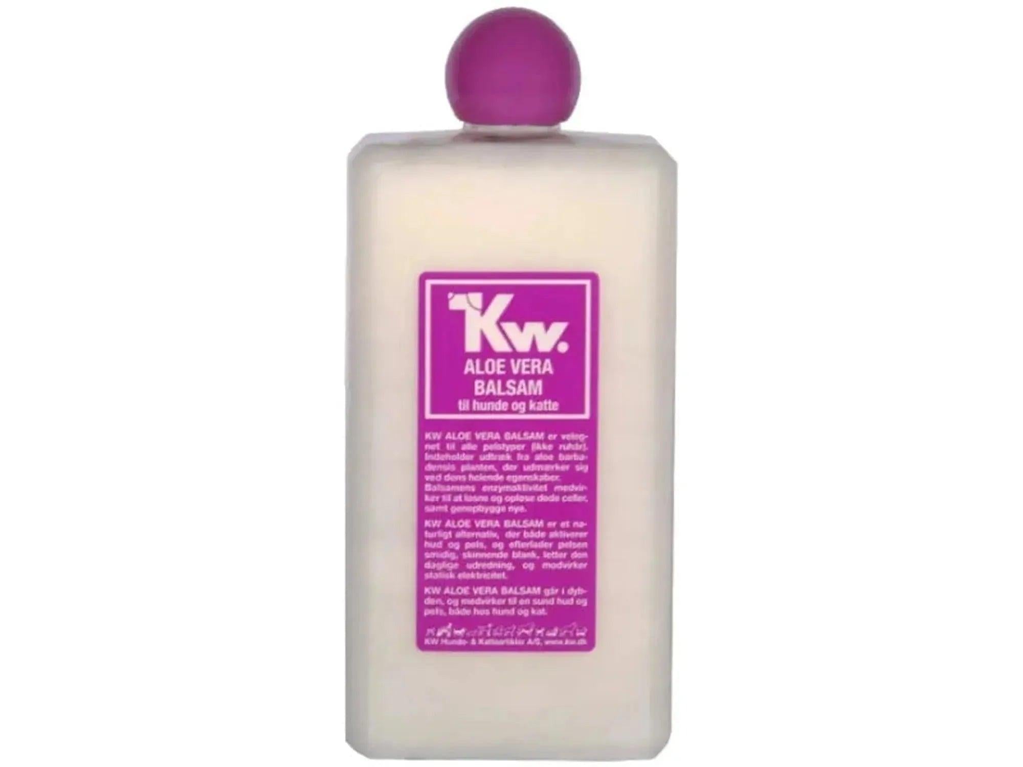 KW Aloe Vera Balsam for hund og katt, hvit flaske med lilla etikett og kork.