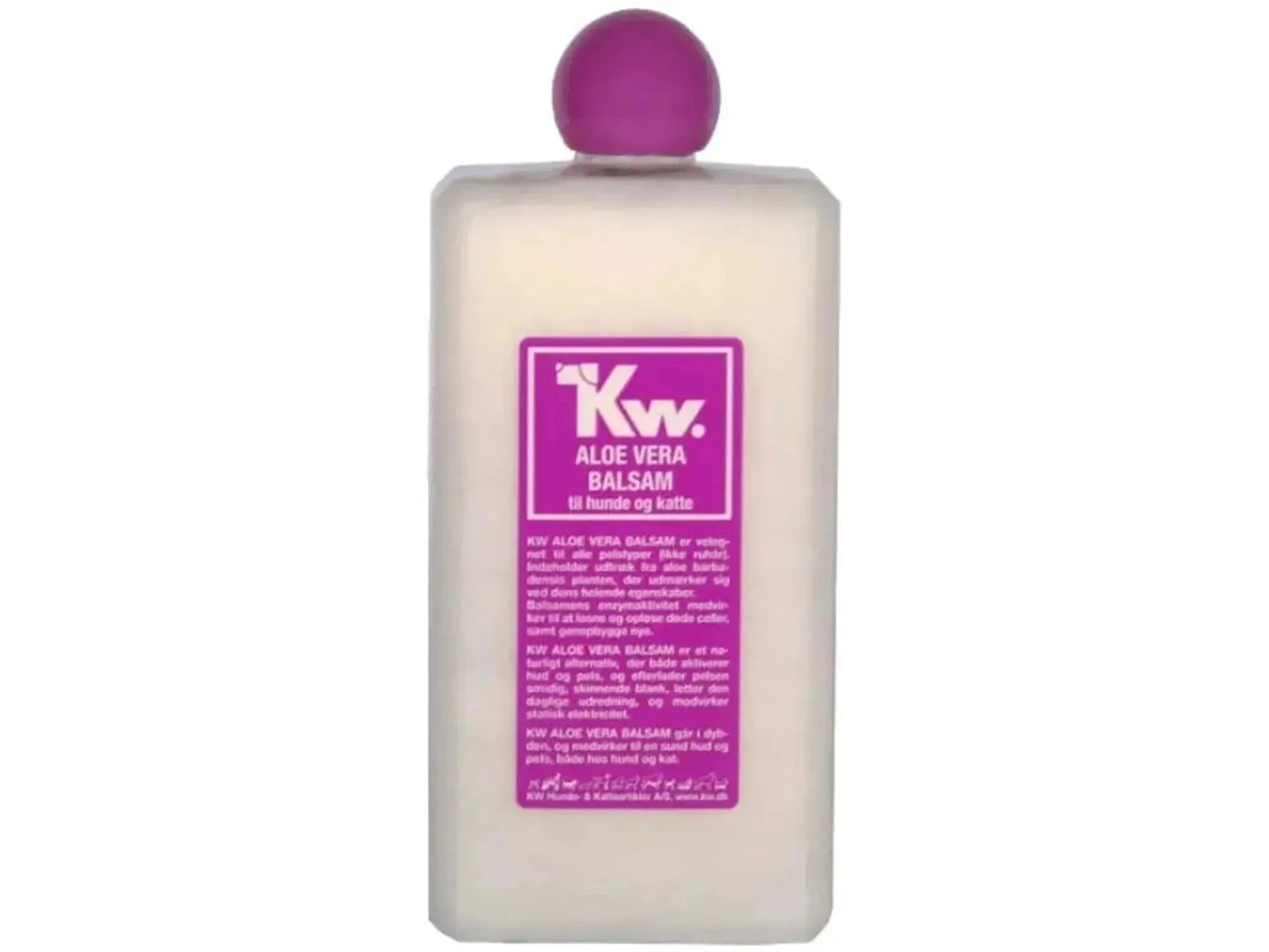 KW Aloe Vera Balsam for hund og katt, hvit flaske med lilla etikett og kork.