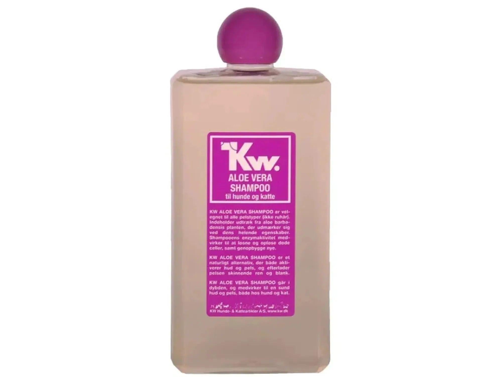 KW Aloe Vera sjampo for hund og katt, klar flaske med lilla etikett og kork.