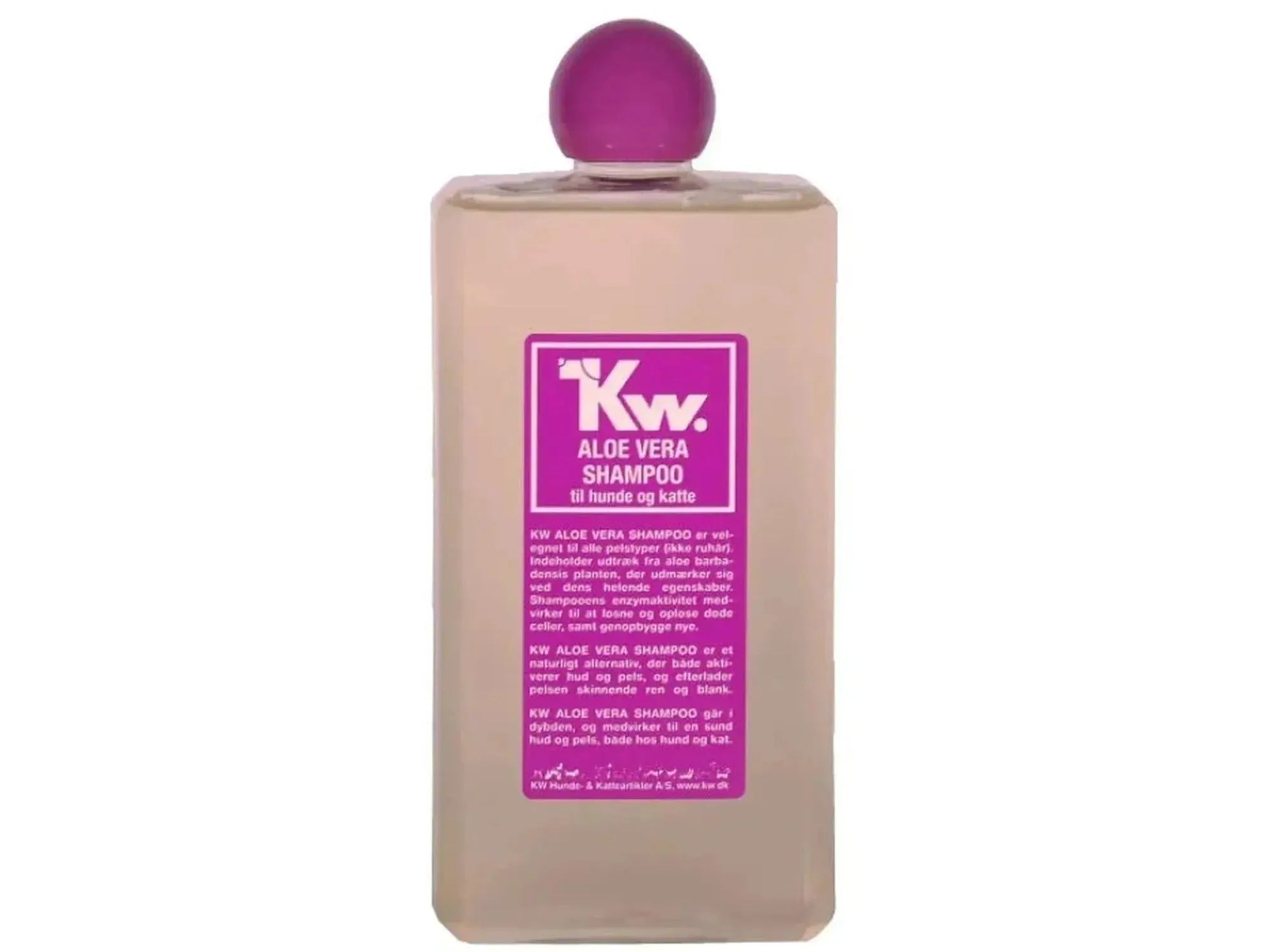 KW Aloe Vera sjampo for hund og katt, klar flaske med lilla etikett og kork.