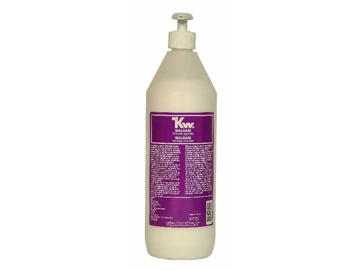 KW Balsam 1000 ml hvit pumpeflaske for hund og katt med lilla etikett.