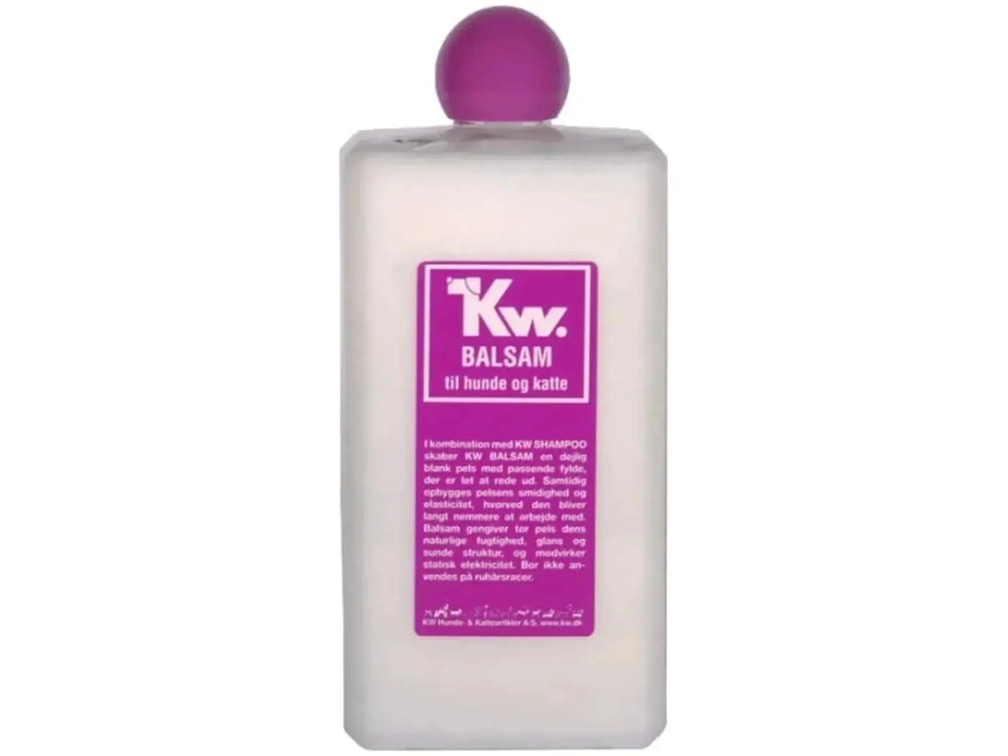 Hvit KW Balsam flaske med lilla etikett og kork, 200 ml, for hund og katt.