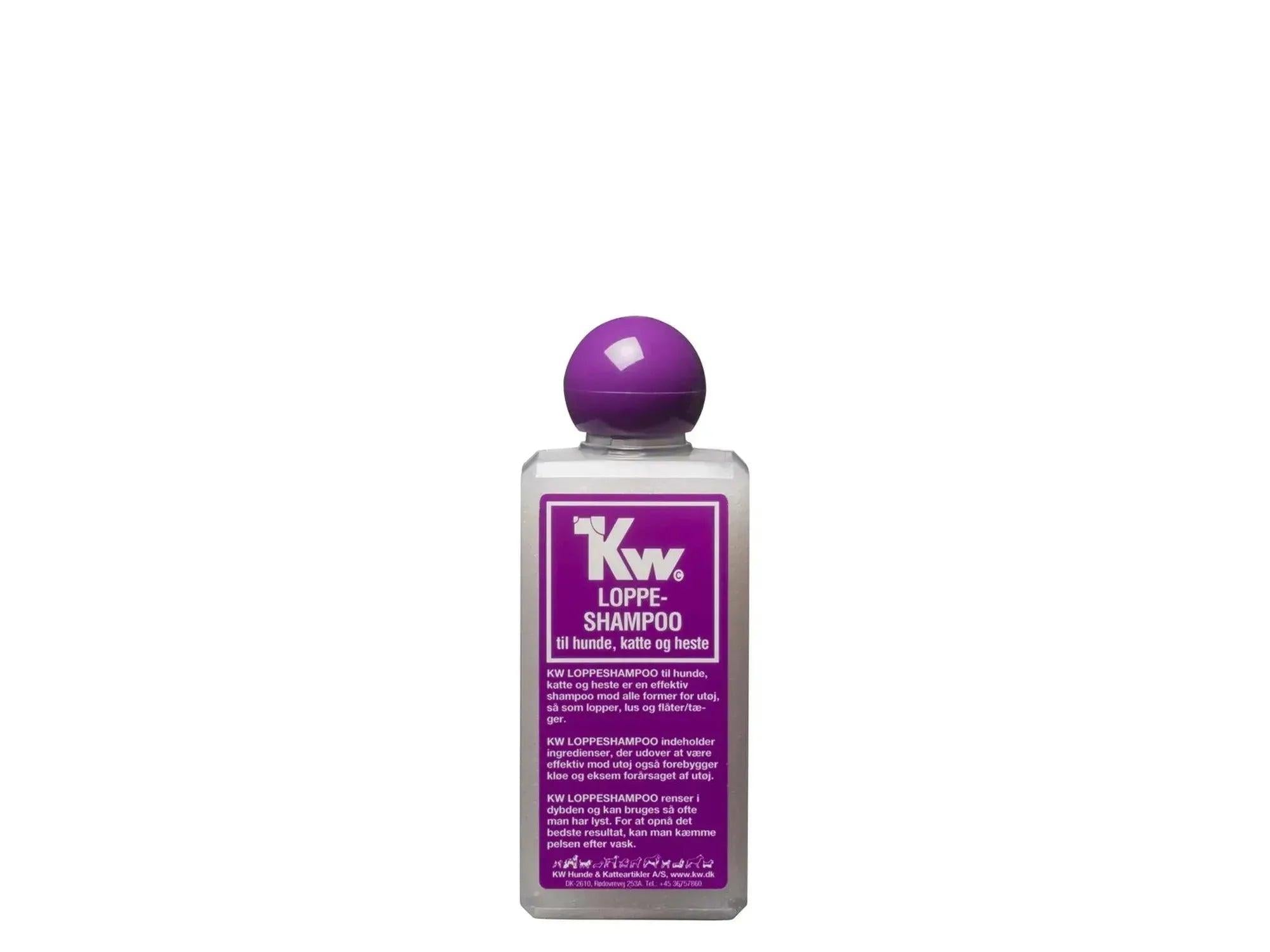 KW Loppeshampoo 200 ml flaske med hvit etikett og lilla kork for hund, katt og hest.