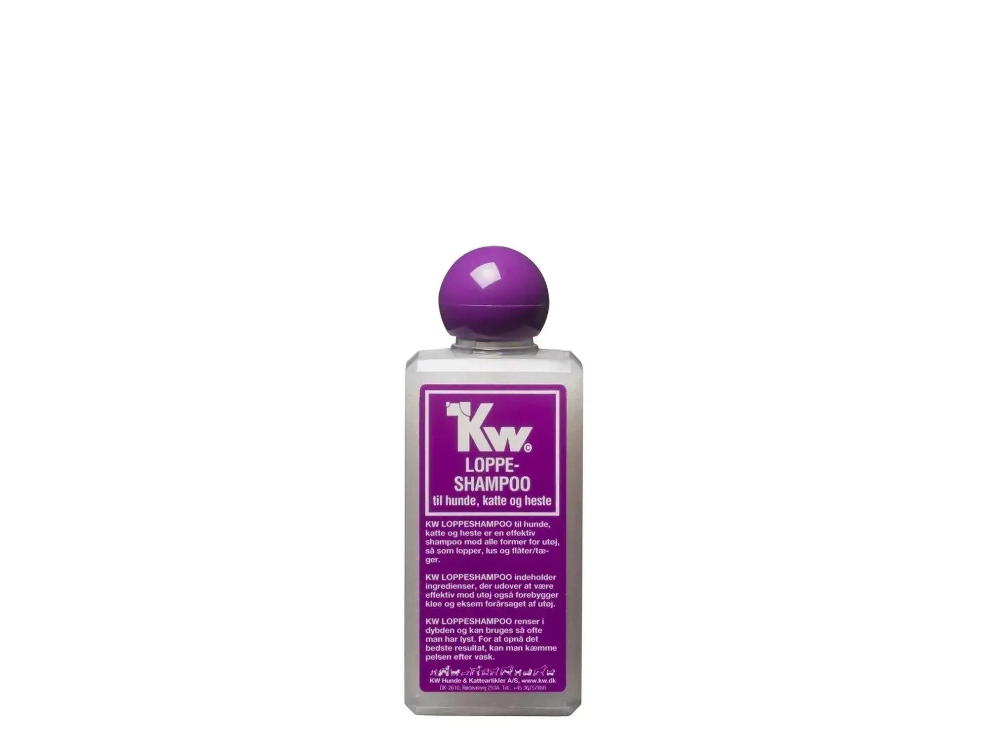 KW Loppeshampoo 200 ml flaske med hvit etikett og lilla kork for hund, katt og hest.