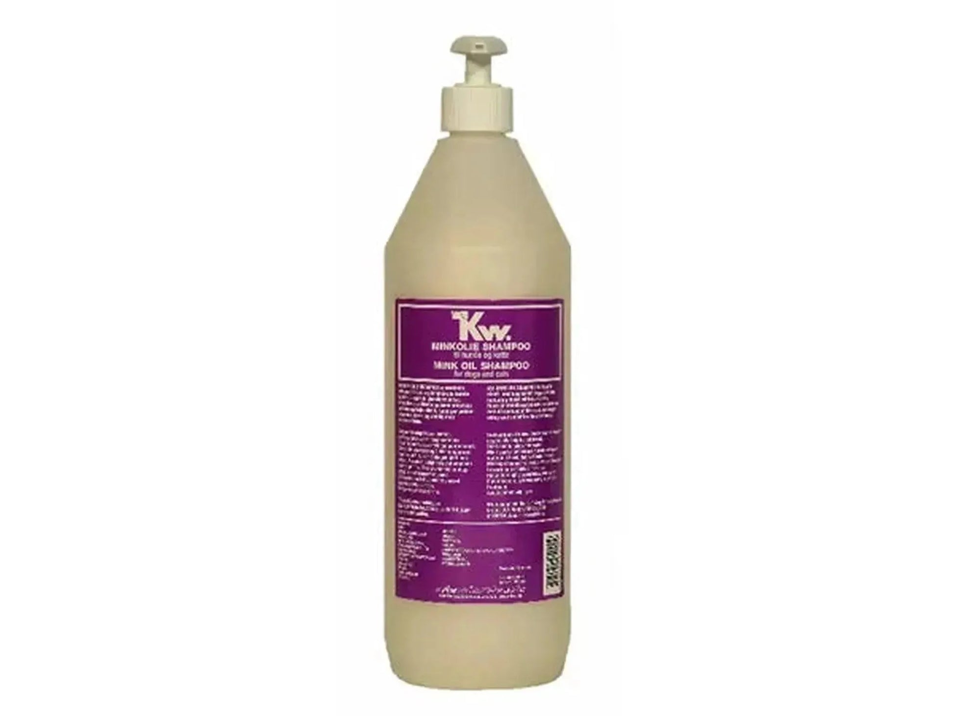 KW Minkoljeshampo 1000 ml flaske med pumpe, beige farge og lilla etikett for hund og katt.