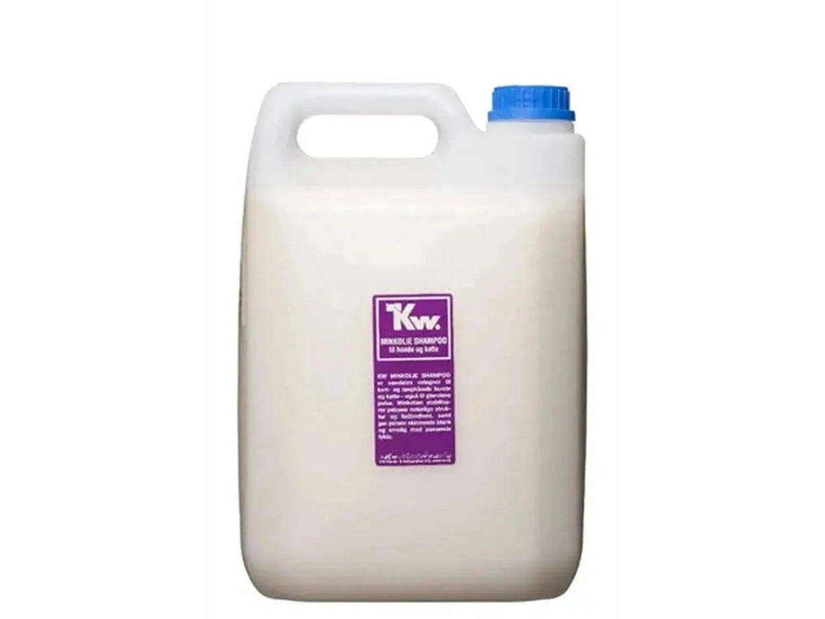 KW Minkoljeshampo 5L i hvit plastkanne med blå skrukork og lilla etikett.