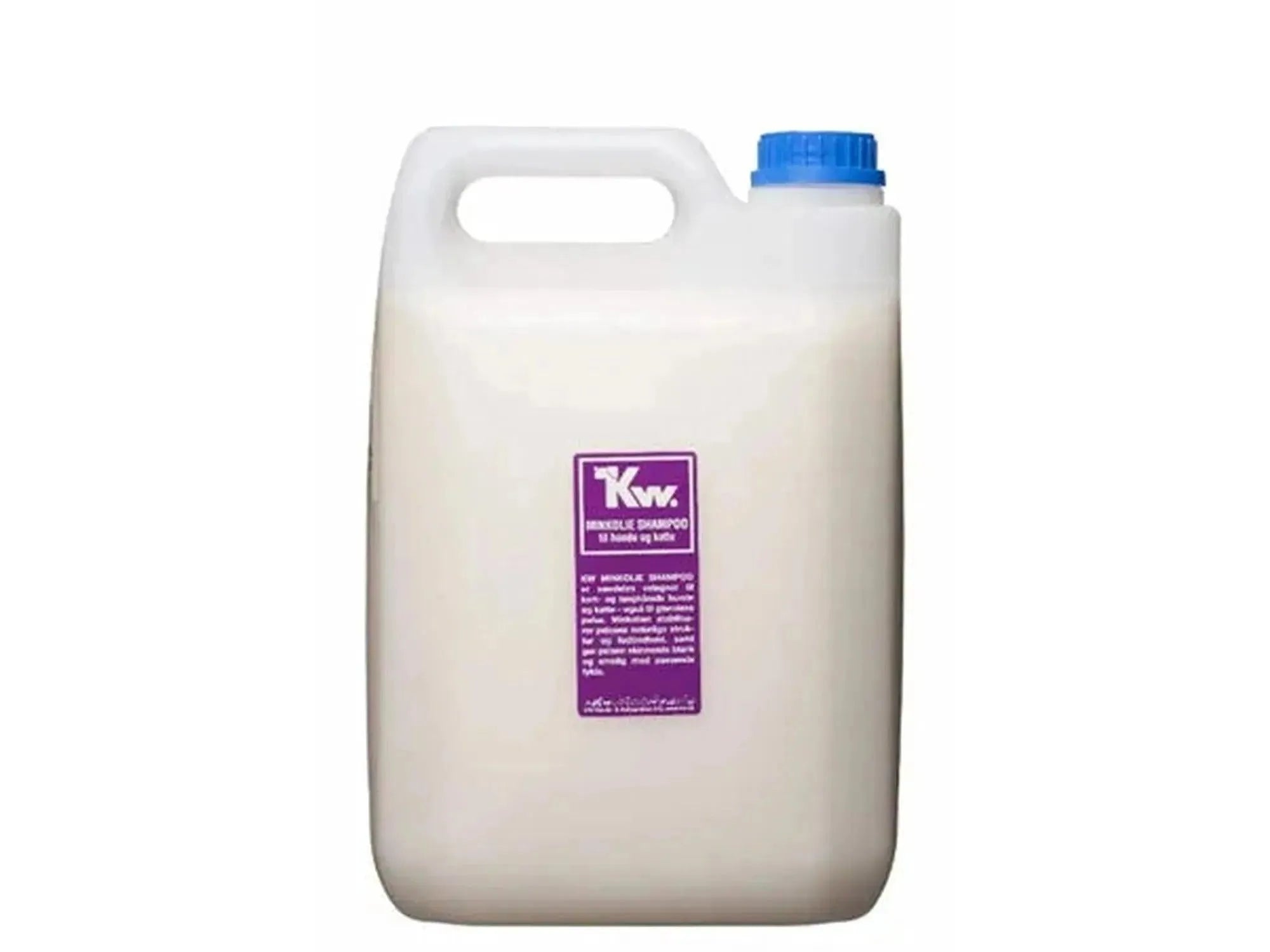 KW Minkoljeshampo 5L i hvit plastkanne med blå skrukork og lilla etikett.