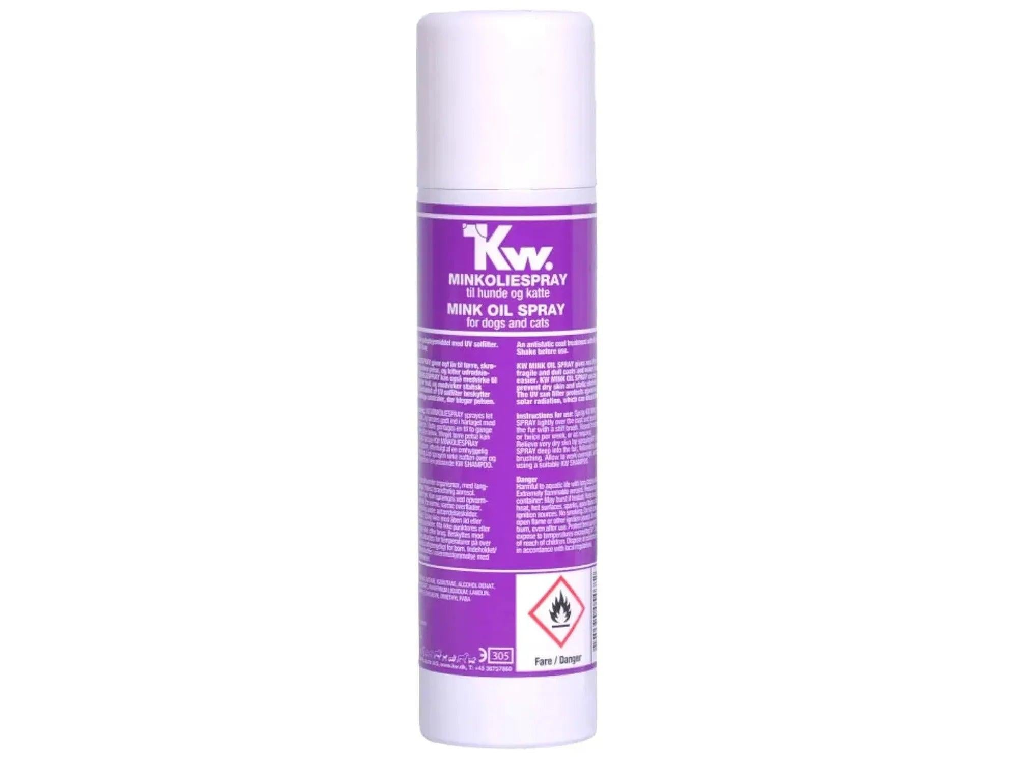 KW Minkoljespray 220ml i hvit og lilla flaske med tekst og faresymbol.