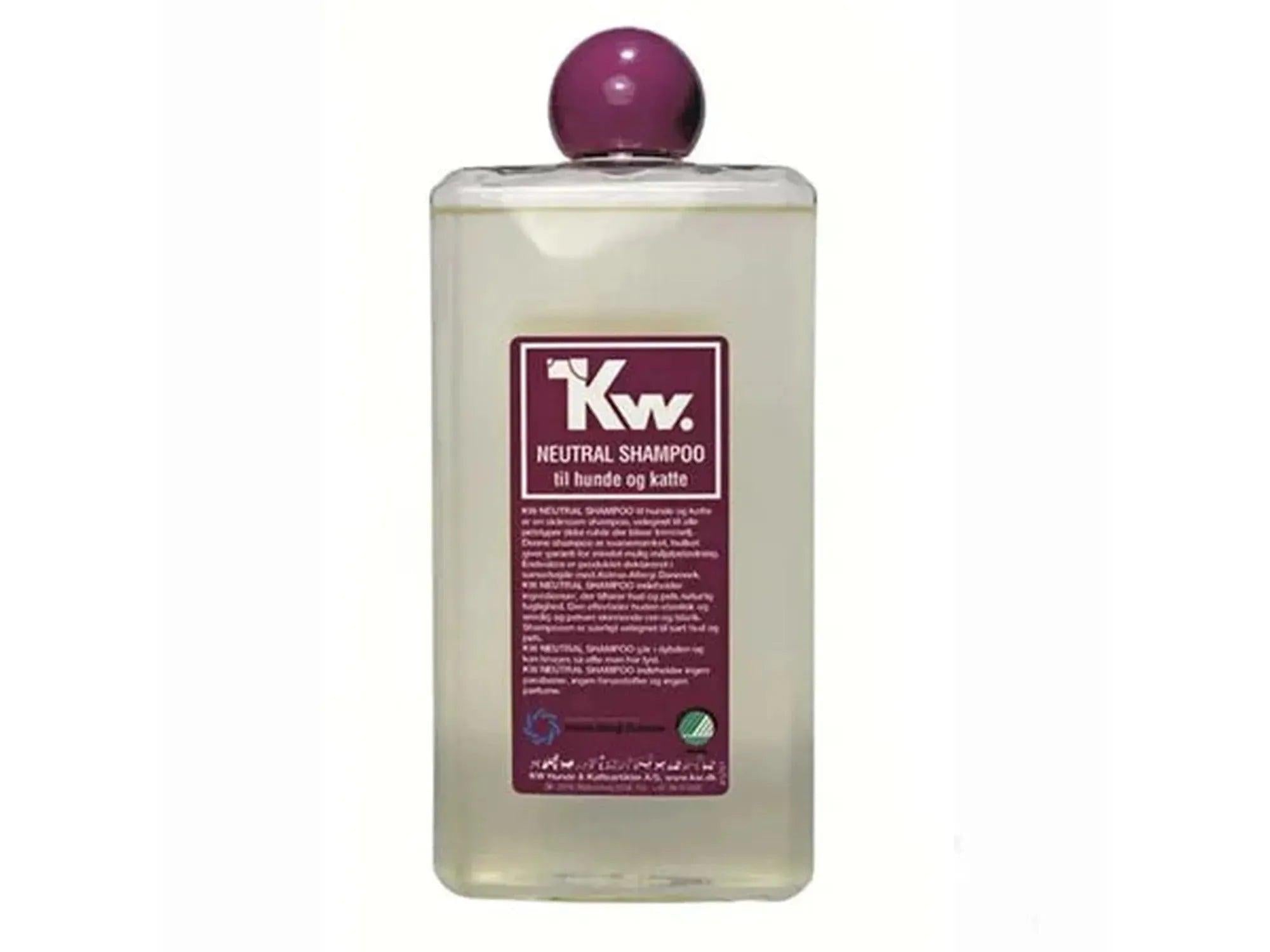 KW Nøytral Sjampo 500ml i en gjennomsiktig flaske med lilla etikett og kork.