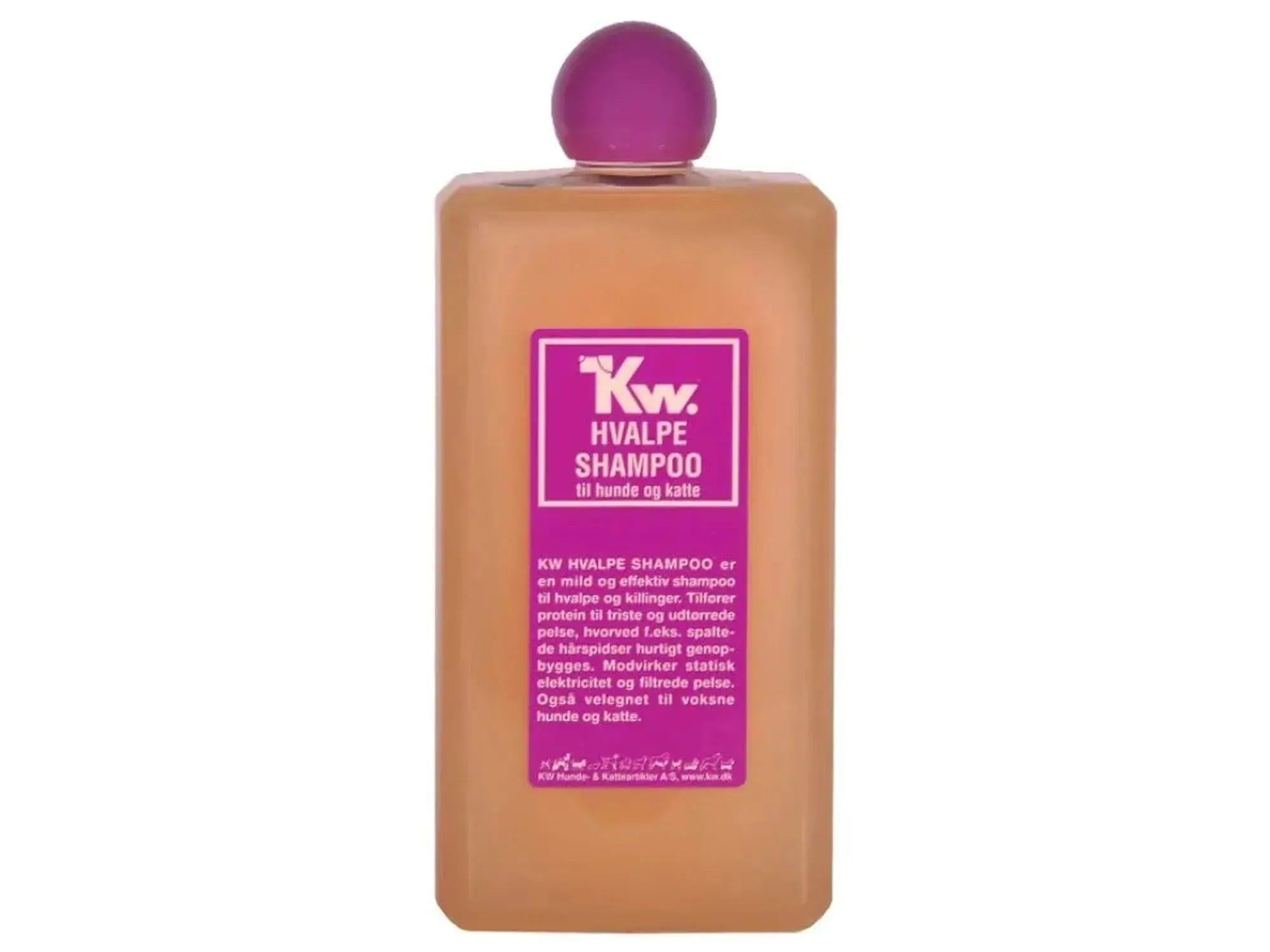 KW Protein Hvalpeshampo, 200ml, 500ml eller 1000ml, med oransje væske og lilla etikett/kork.